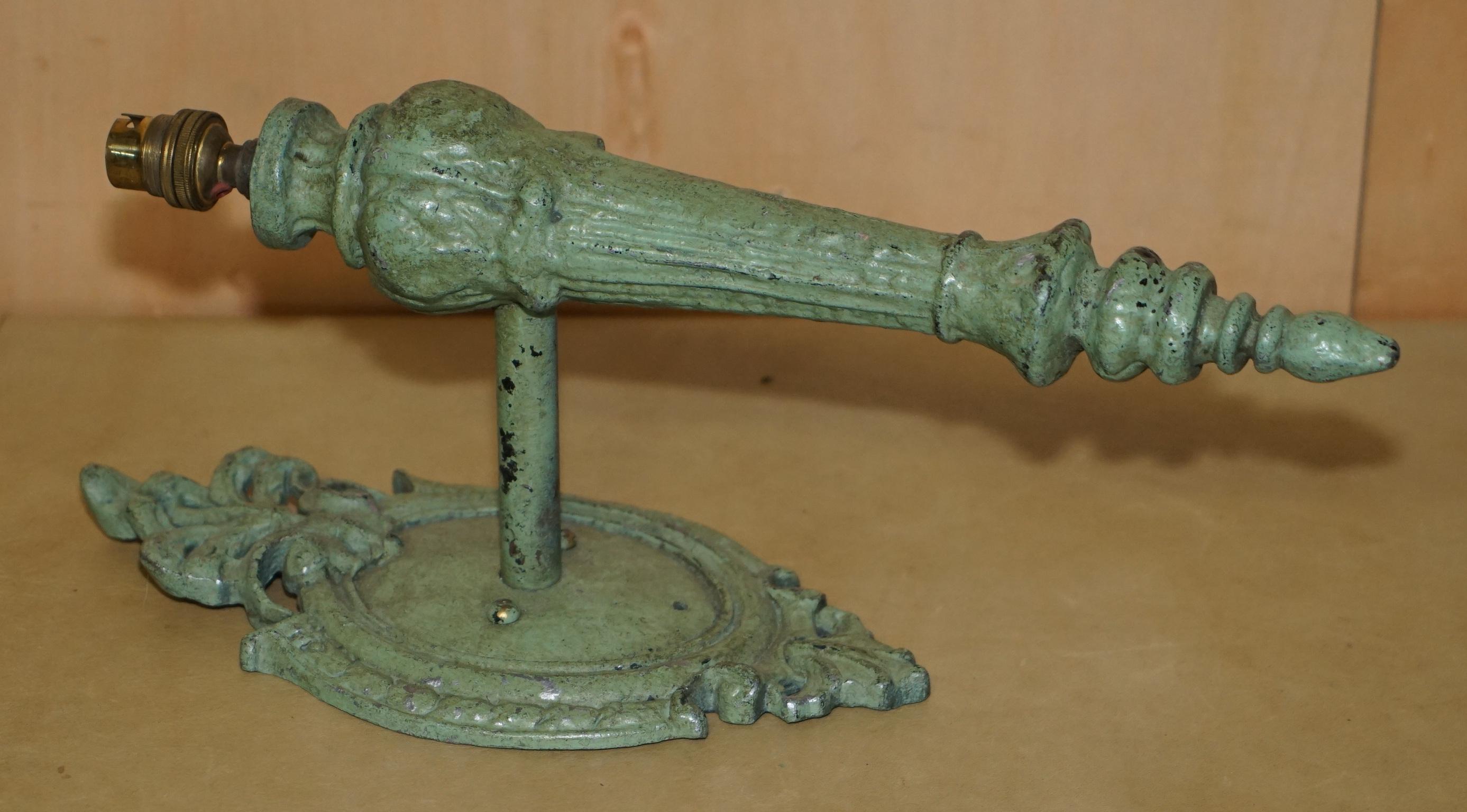 PAIR OF ANTIQUE CIRCA 1920's WALL SCONCES WITH ORIGINAL EARLY GREEN PAINT en venta 5