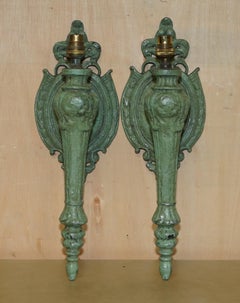 PAIR OF ANTIQUE CIRCA 1920's WALL SCONCES WITH ORIGINAL EARLY GREEN PAINT