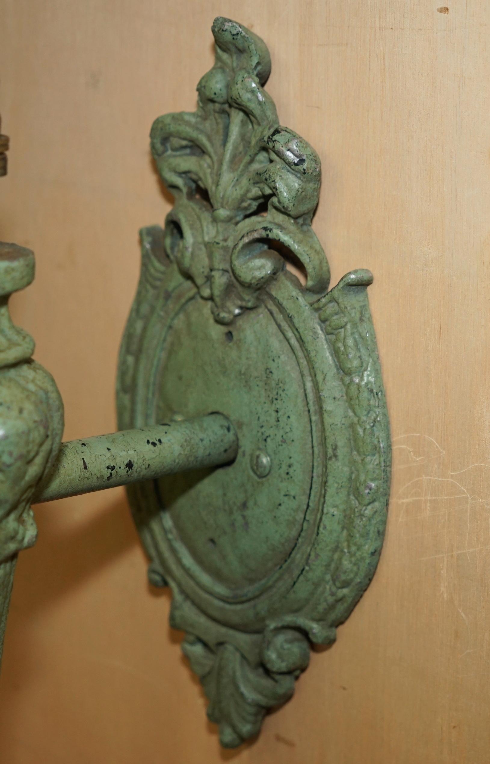 PAIR OF ANTIQUE CIRCA 1920's WALL SCONCES WITH ORIGINAL EARLY GREEN PAINT Europeo en venta