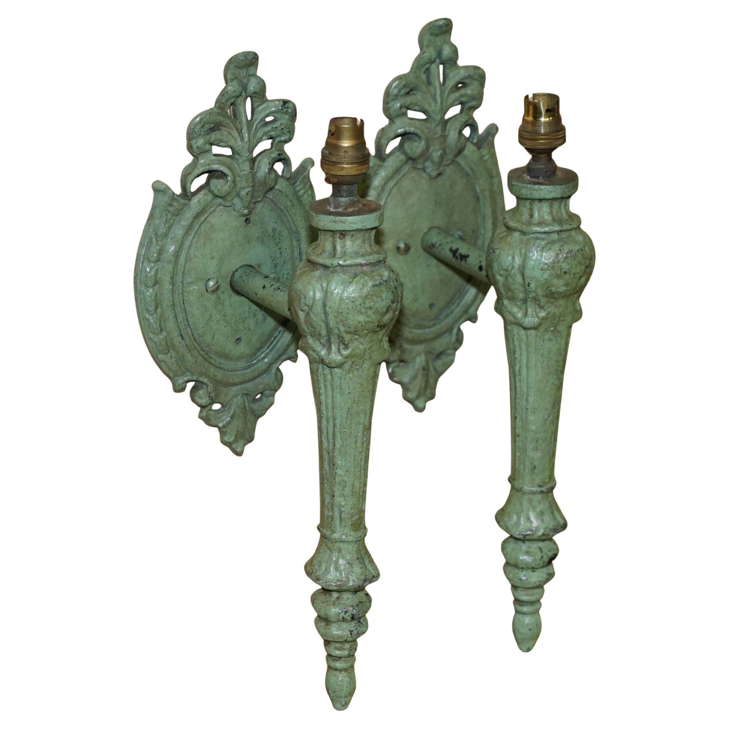 PAIR OF ANTIQUE CIRCA 1920's WALL SCONCES WITH ORIGINAL EARLY GREEN PAINT