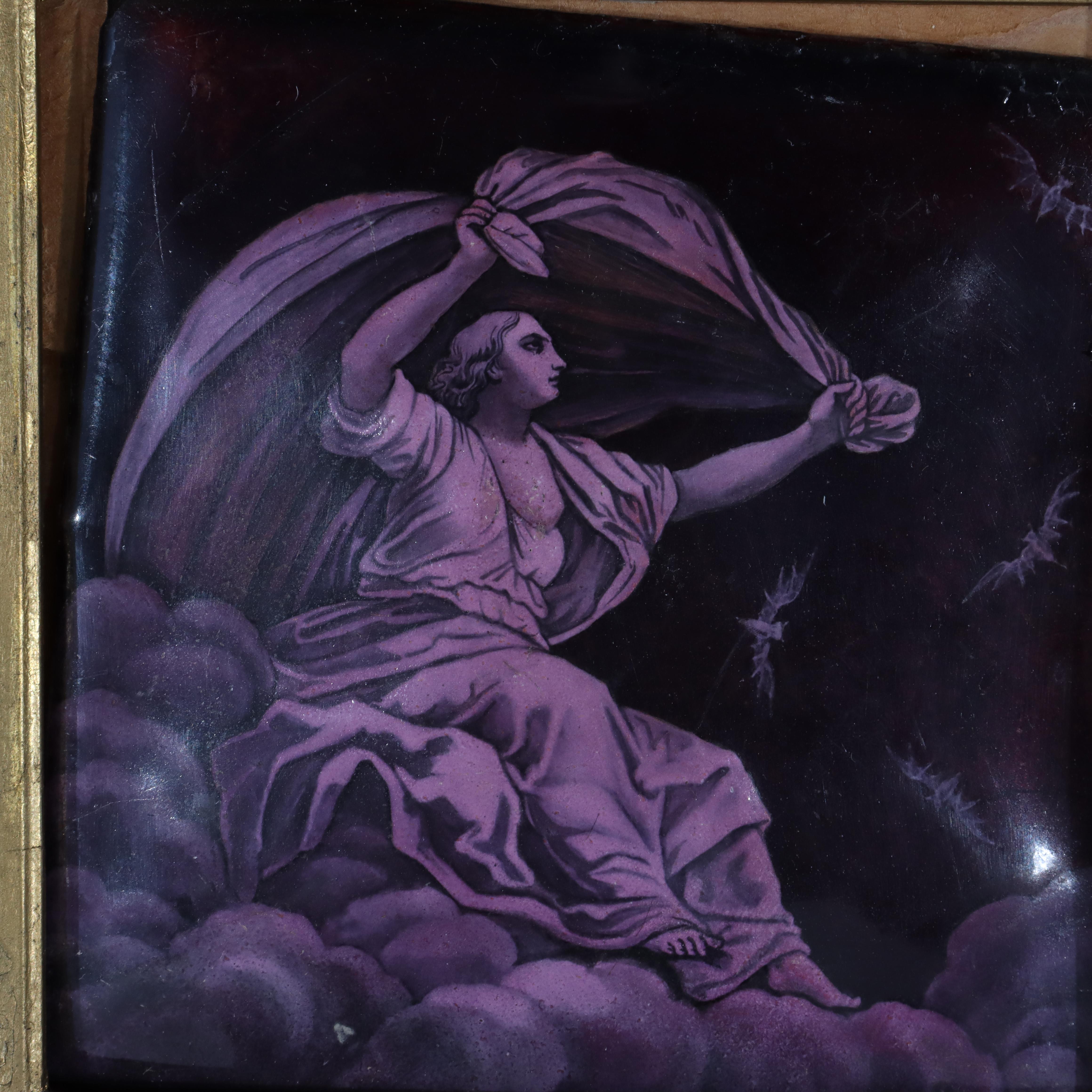Pair of Antique Classical Enameled Copper Panels of Celestial Goddess & God with Bats 19thC.    
Measures - 11.5