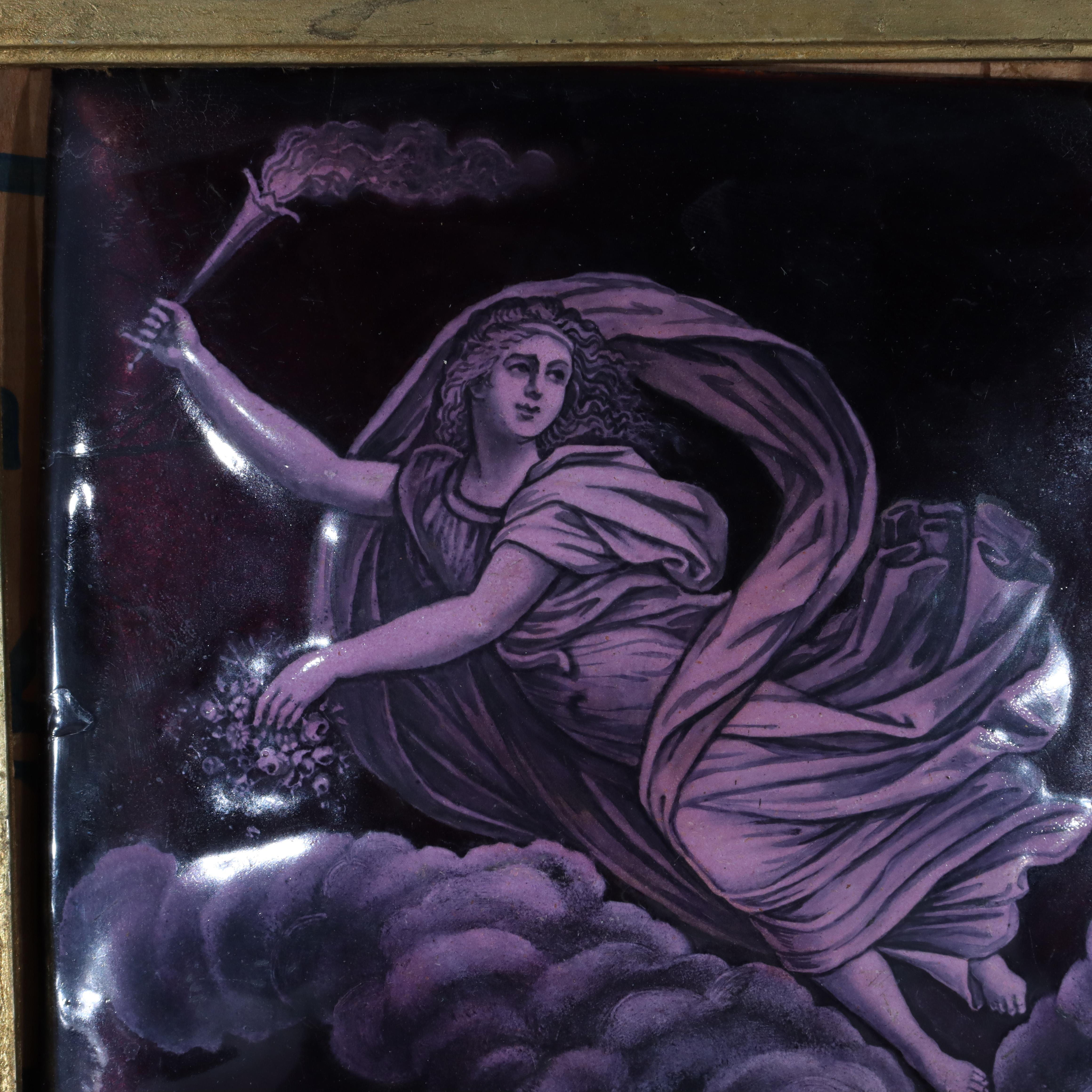 Pair of Antique Classical Enameled Copper Panels of Celestial Goddess 19thC In Good Condition For Sale In Big Flats, NY