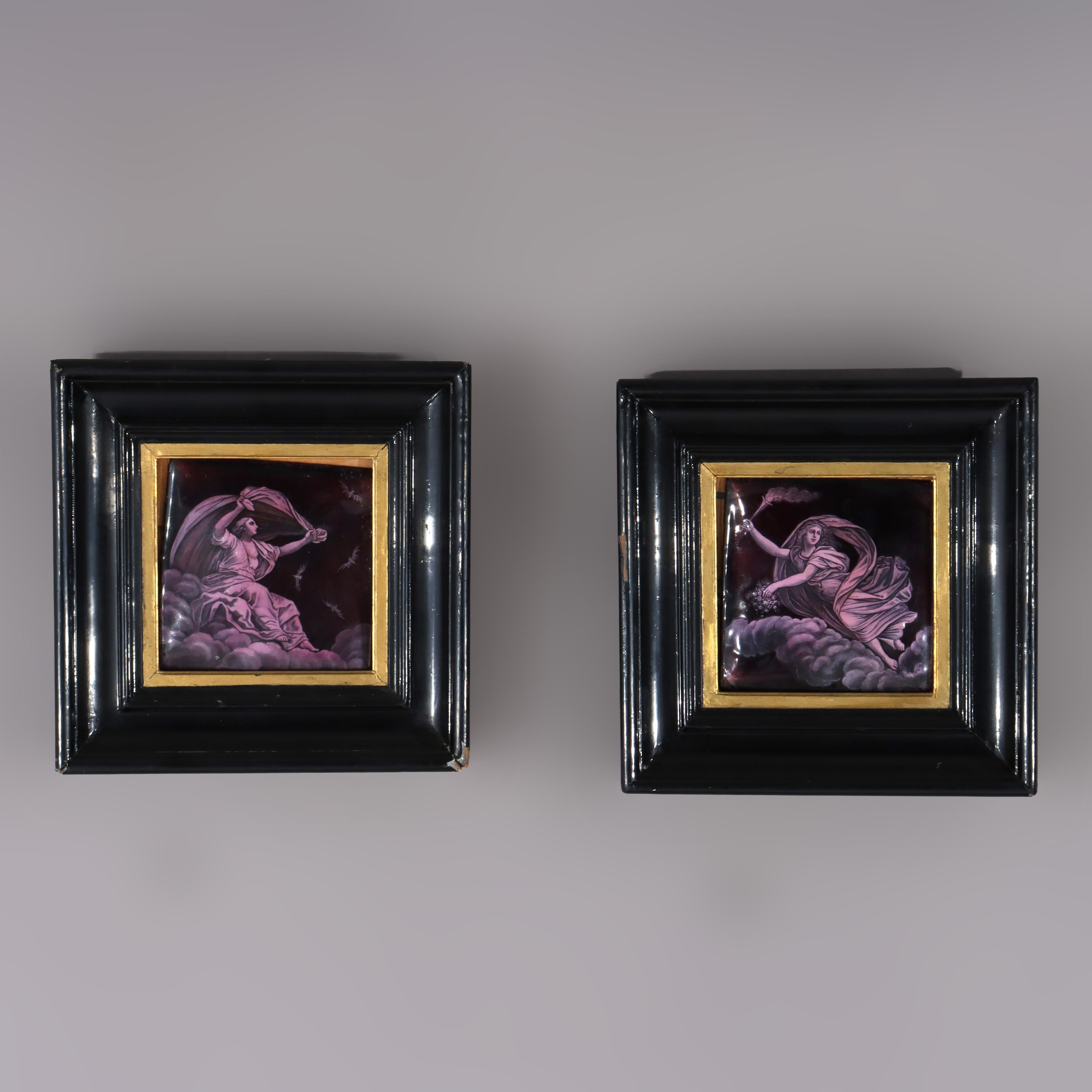 19th Century Pair of Antique Classical Enameled Copper Panels of Celestial Goddess 19thC For Sale