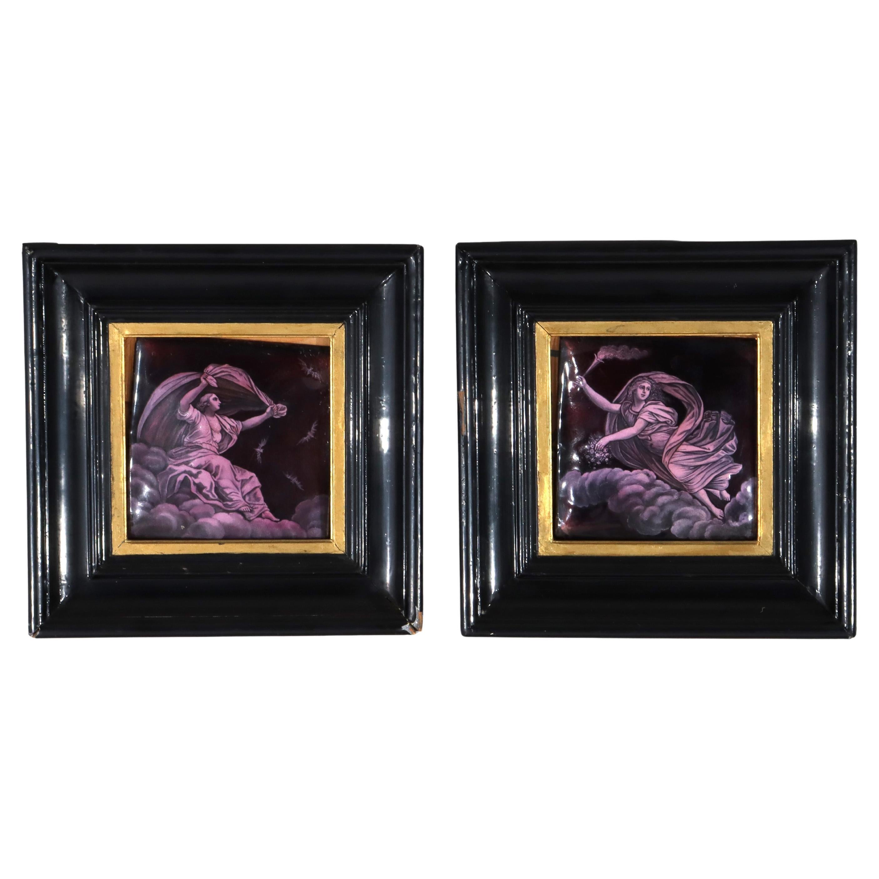 Pair of Antique Classical Enameled Copper Panels of Celestial Goddess 19thC For Sale
