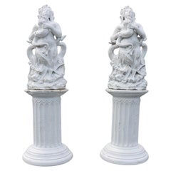 Pair Of Antique Classical Figural Terra Cotta Sculptures On Stands c1890