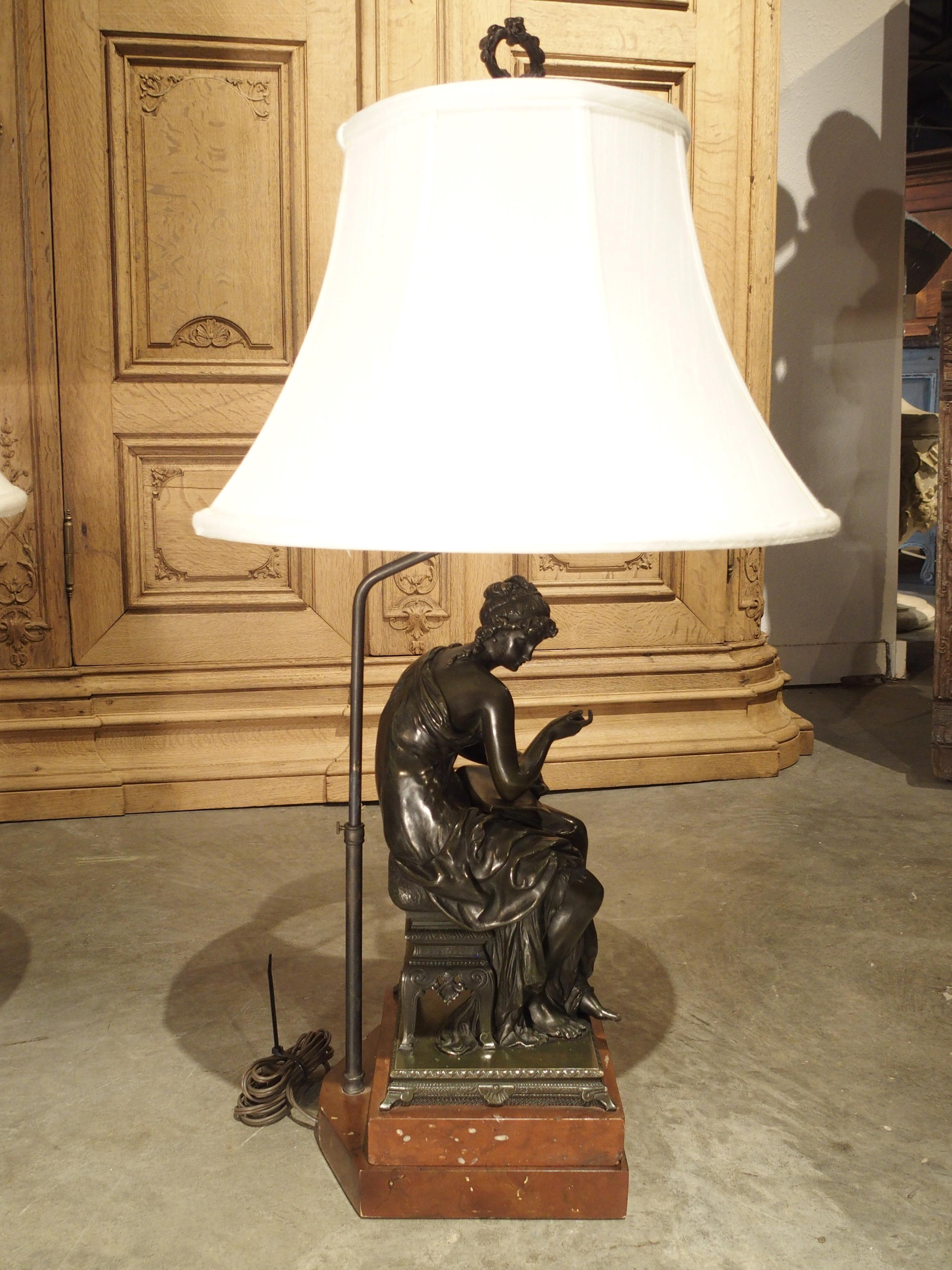 Pair of Antique Classical French Bronze Figural Table Lamps with Silk Shades 4
