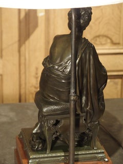 Pair of Antique Classical French Bronze Figural Table Lamps with Silk Shades