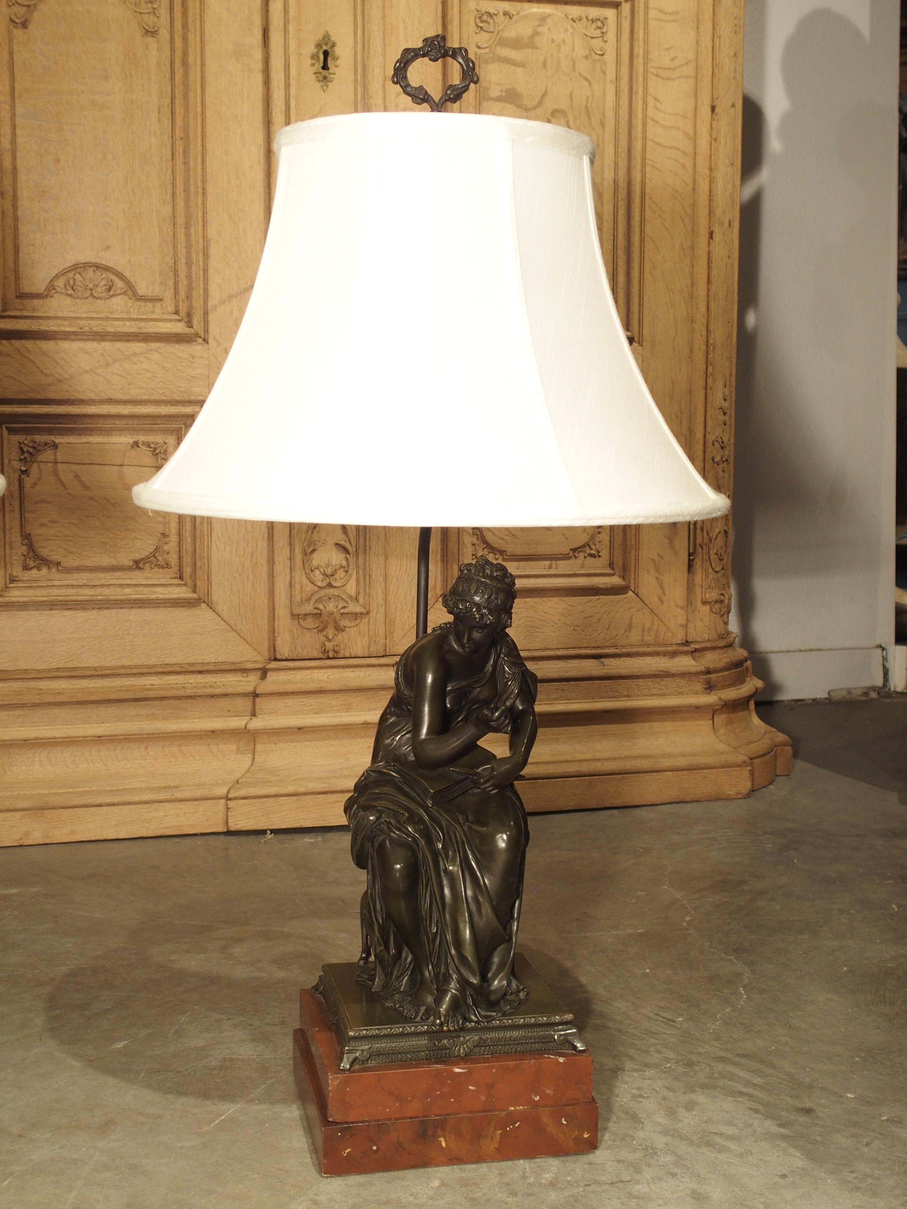 Classical Greek Pair of Antique Classical French Bronze Figural Table Lamps with Silk Shades