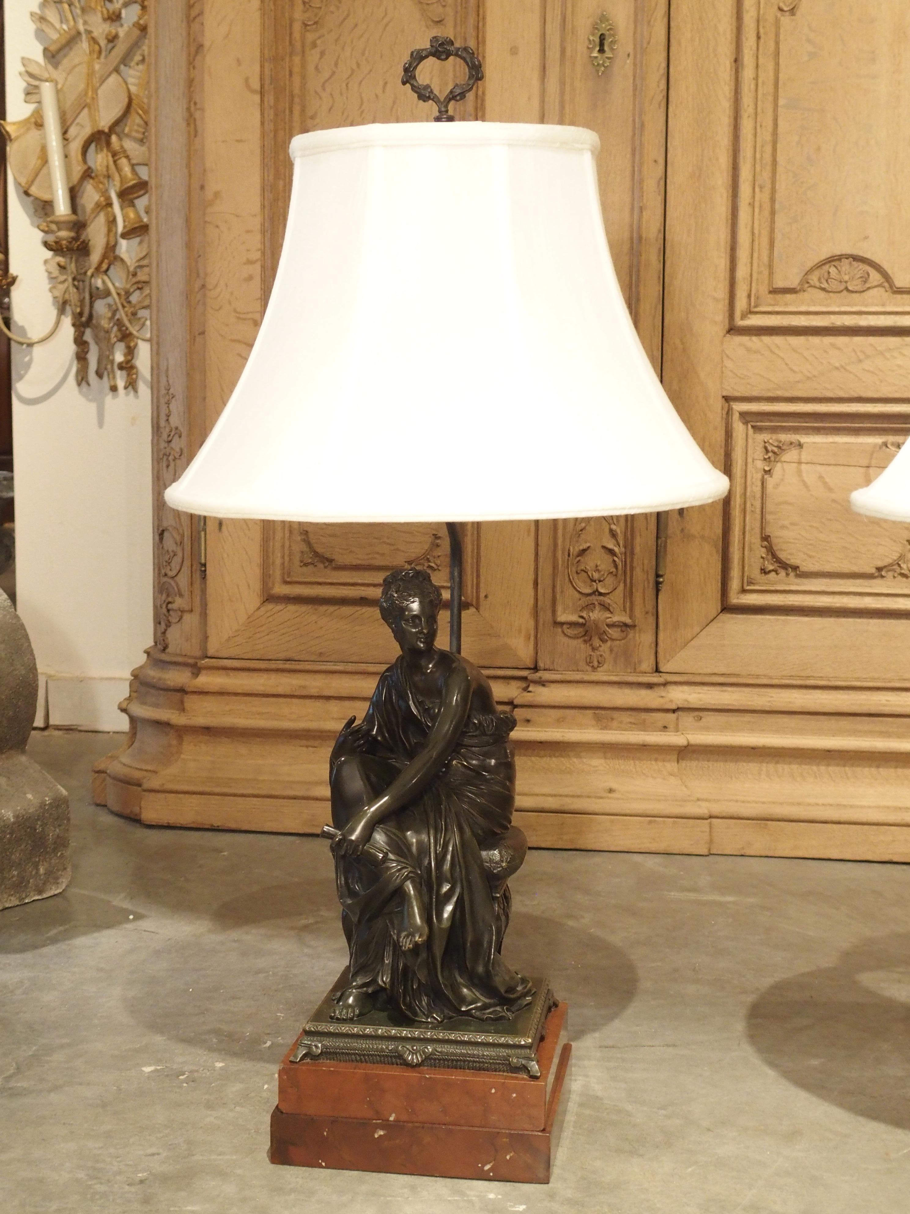 Carved Pair of Antique Classical French Bronze Figural Table Lamps with Silk Shades