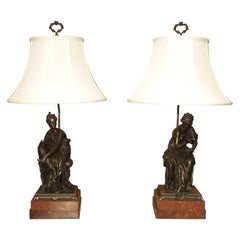 Pair of Antique Classical French Bronze Figural Table Lamps with Silk Shades