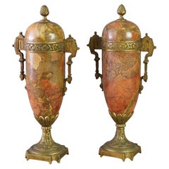 Pair of Antique Classical Rouge Marble & Bronze Mantel Urns Circa 1890