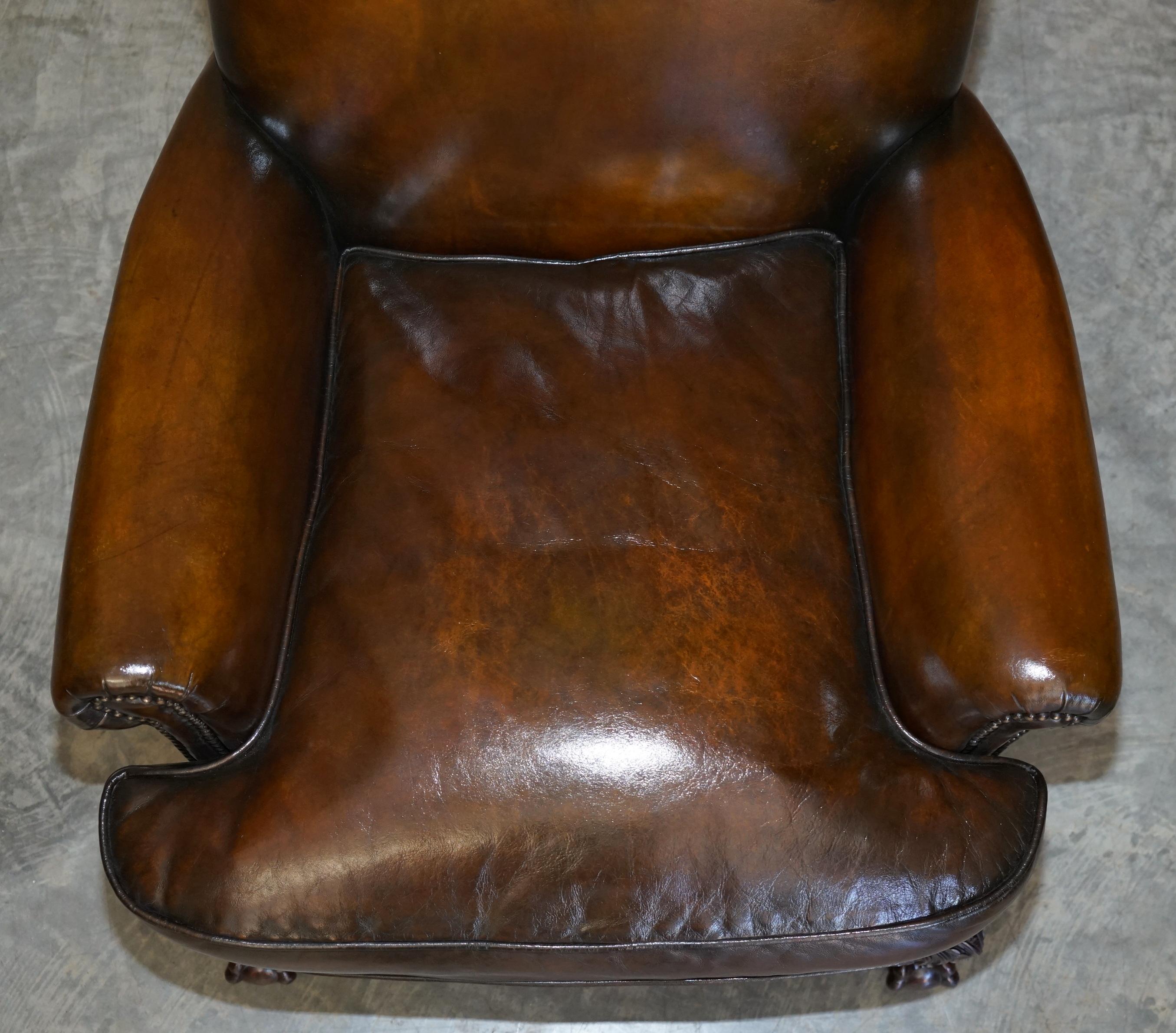 Pair of Antique Claw & Ball Restored Hand Dyed Brown Leather Wingback Armchairs 7