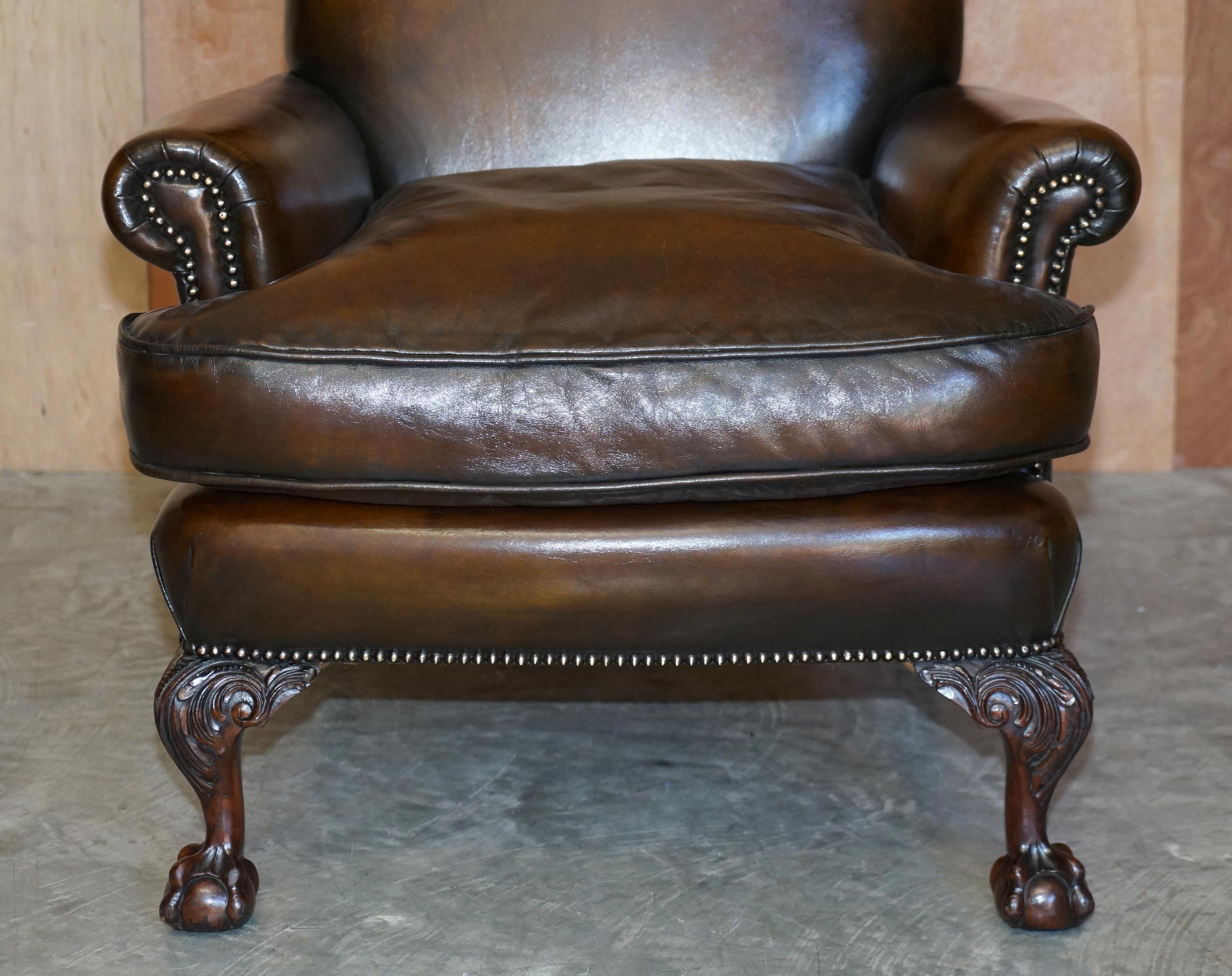 Pair of Antique Claw & Ball Restored Hand Dyed Brown Leather Wingback Armchairs 8