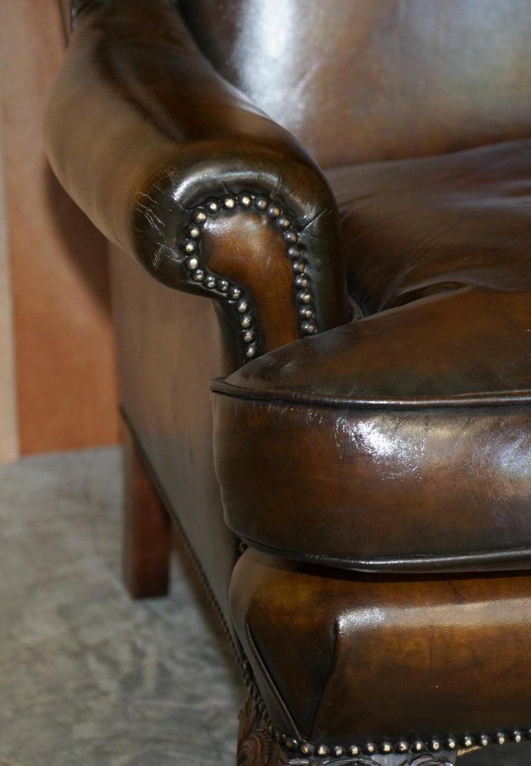 Late Victorian Pair of Antique Claw & Ball Restored Hand Dyed Brown Leather Wingback Armchairs For Sale