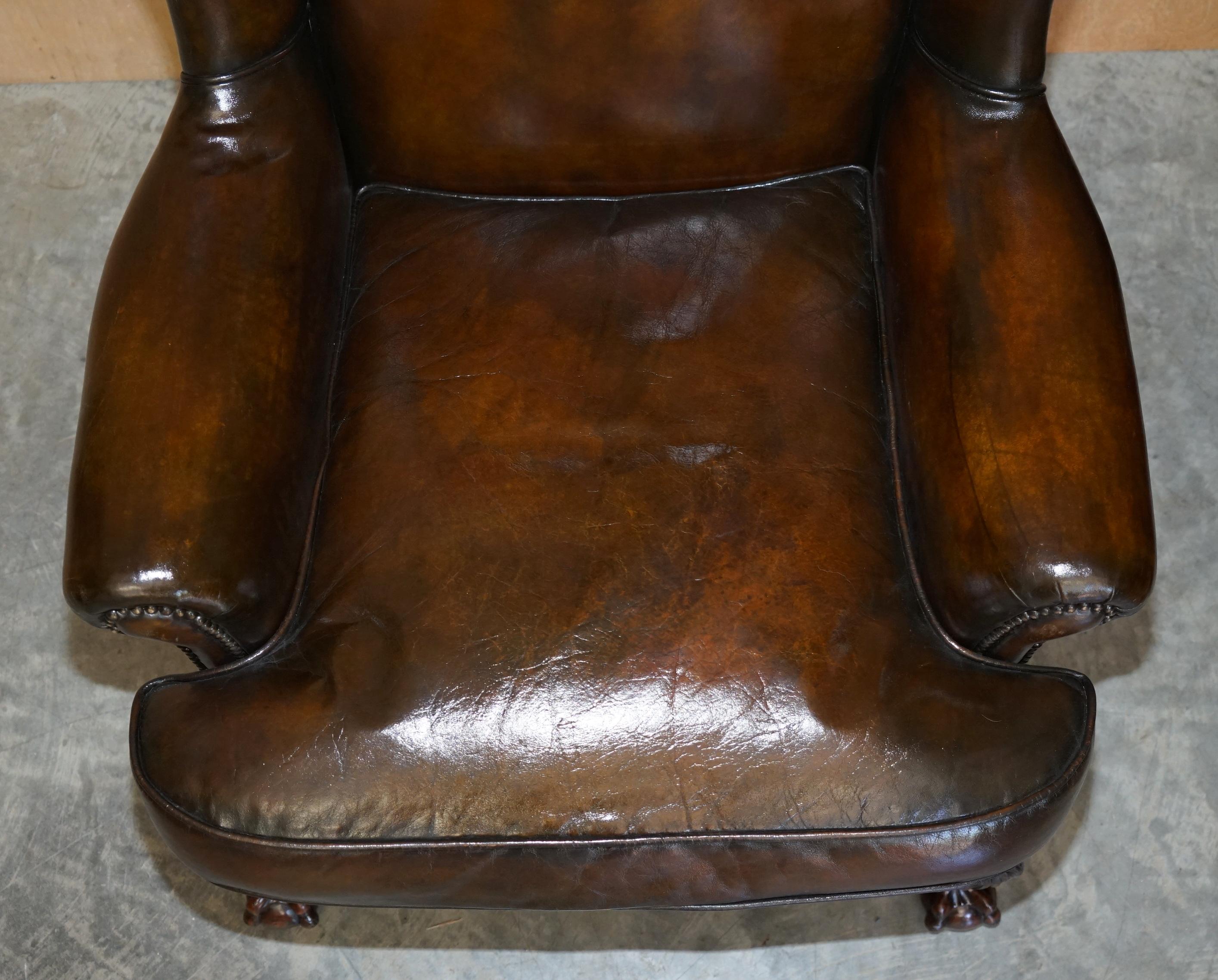 Hand-Crafted Pair of Antique Claw & Ball Restored Hand Dyed Brown Leather Wingback Armchairs
