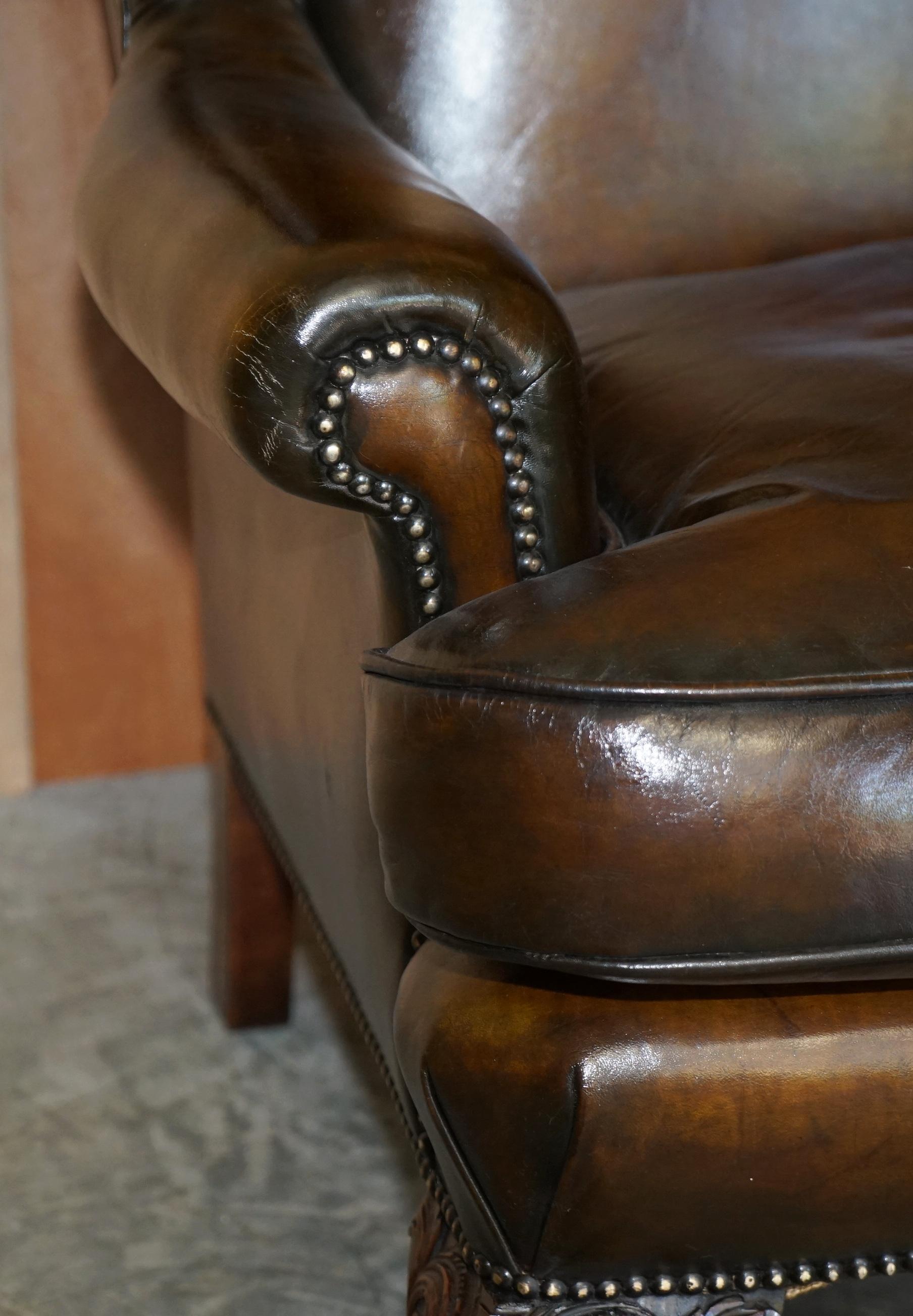 Pair of Antique Claw & Ball Restored Hand Dyed Brown Leather Wingback Armchairs 2