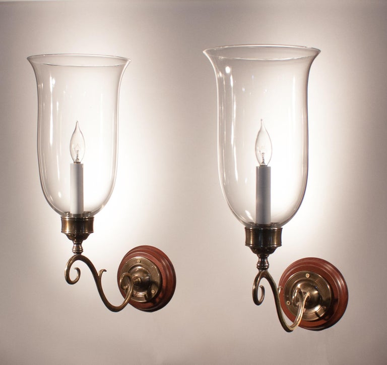 Pair of Antique Clear Glass Hurricane Shade Wall Sconces at 1stDibs