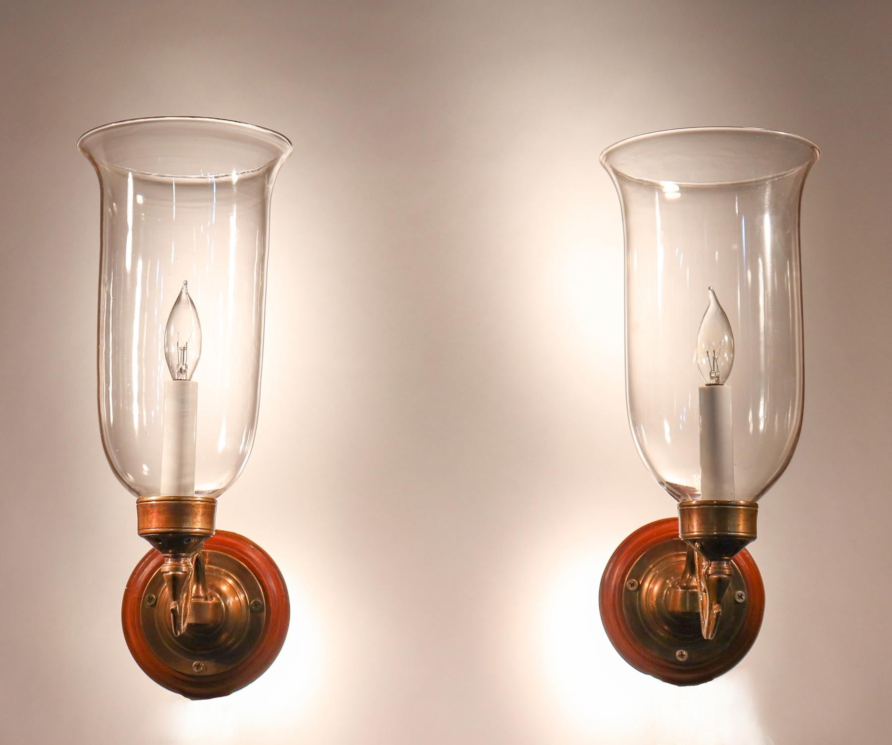 Late Victorian Pair of Antique Clear Glass Hurricane Shade Wall Sconces