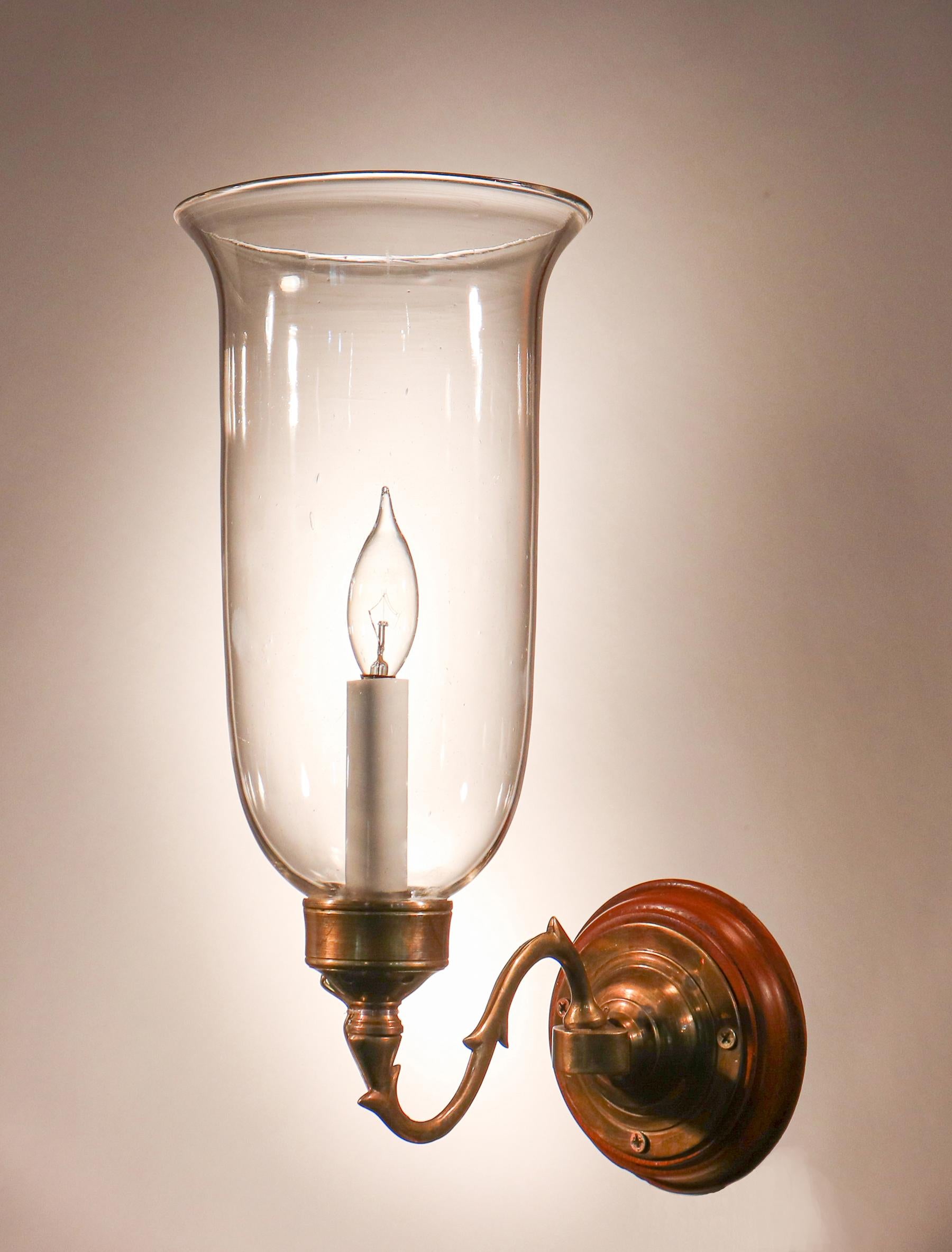 English Pair of Antique Clear Glass Hurricane Shade Wall Sconces
