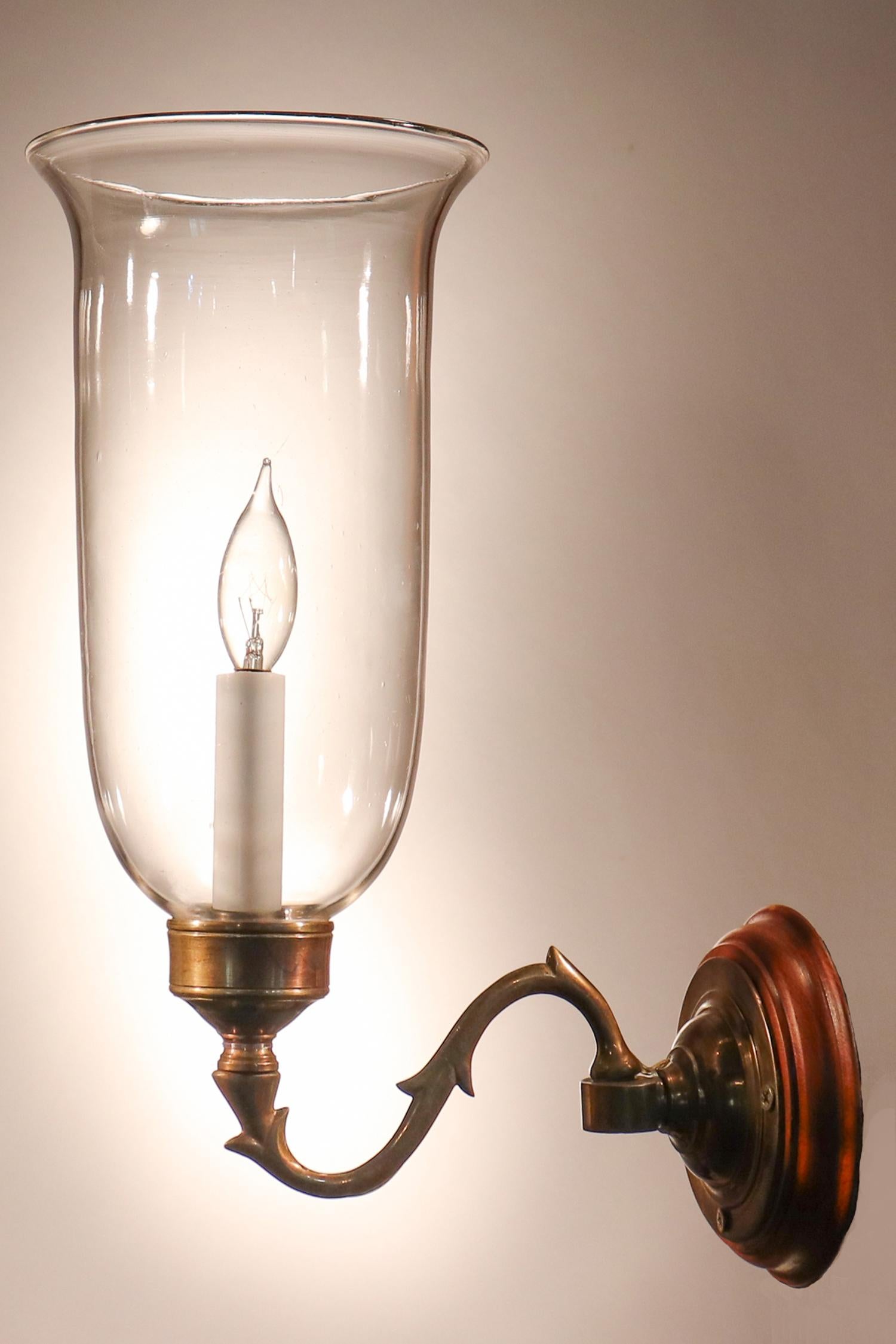 Pair of Antique Clear Glass Hurricane Shade Wall Sconces In Good Condition In Heath, MA