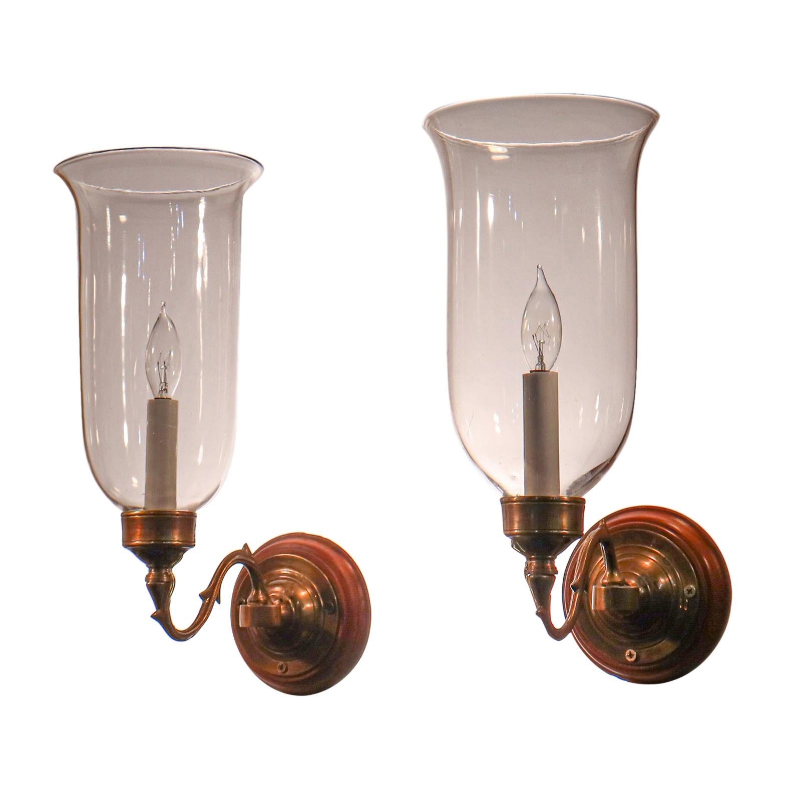 Pair of Antique Clear Glass Hurricane Shade Wall Sconces
