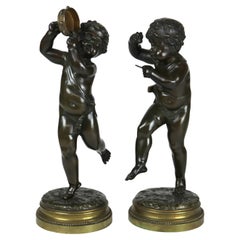 Coppia di sculture antiche in bronzo Clodion Cherubino Musico, firmate C1880