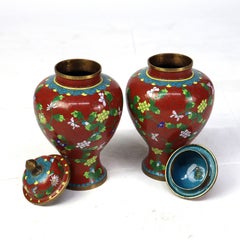 Pair of Antique Cloisonne Enameled Floral Ginger Jars C1910