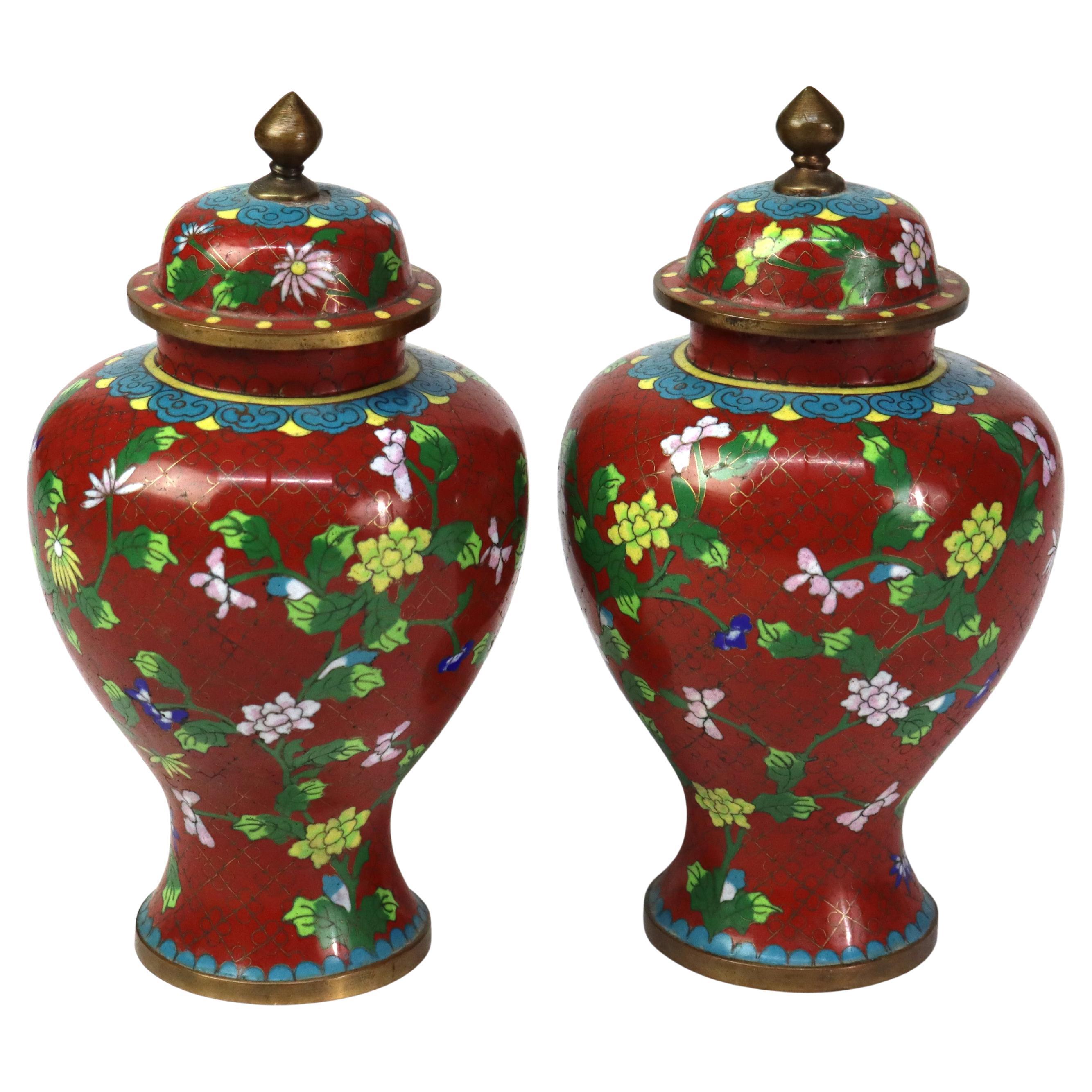Pair of Antique Cloisonne Enameled Floral Ginger Jars C1910