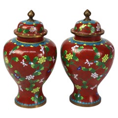 Pair of Antique Cloisonne Enameled Floral Ginger Jars C1910