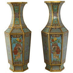 Pair of Antique Cloisonné Gold, Turquoise Hexagon Vases