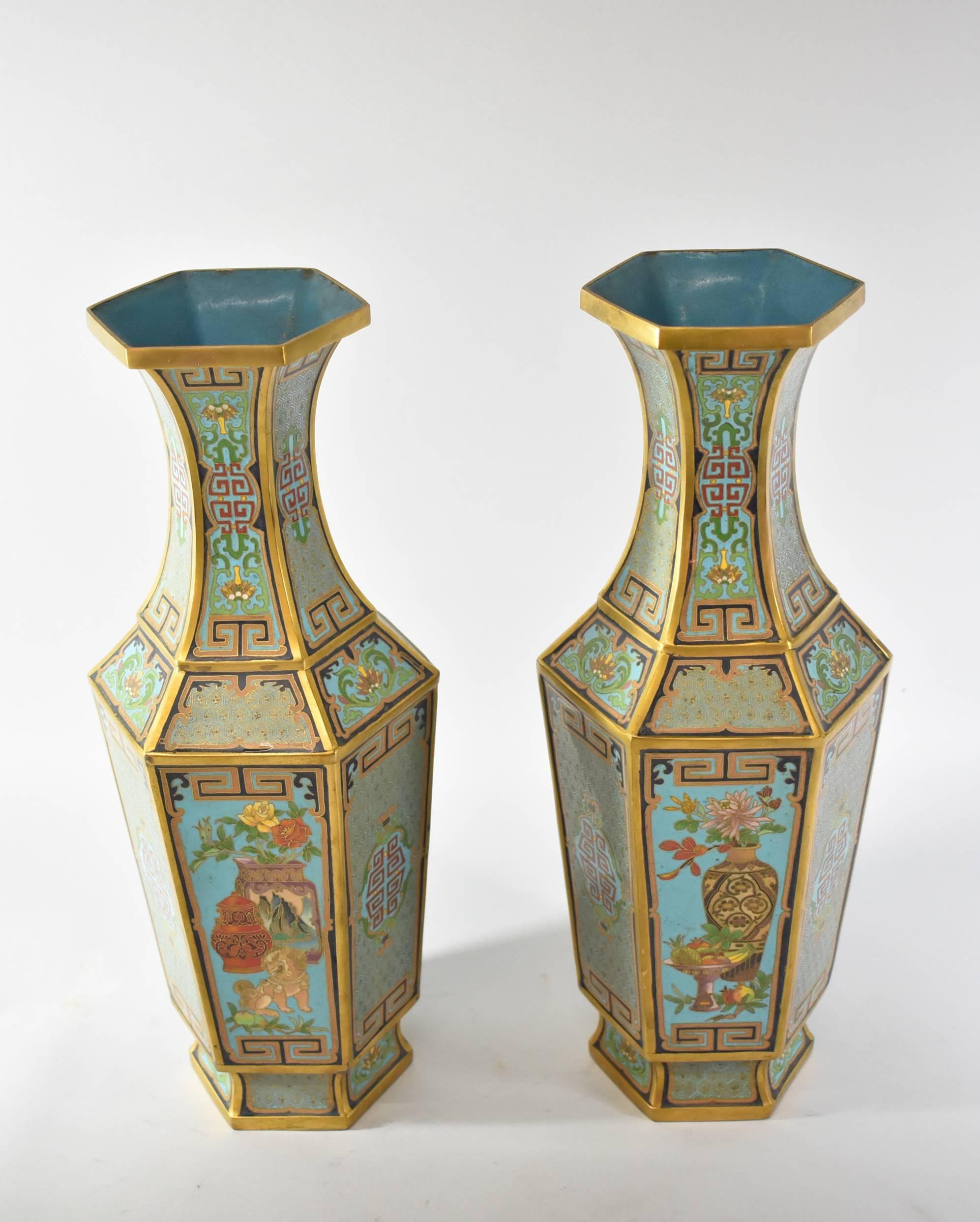 Chinese Export Pair of Antique Cloisonné Gold, Turquoise Hexagon Vases