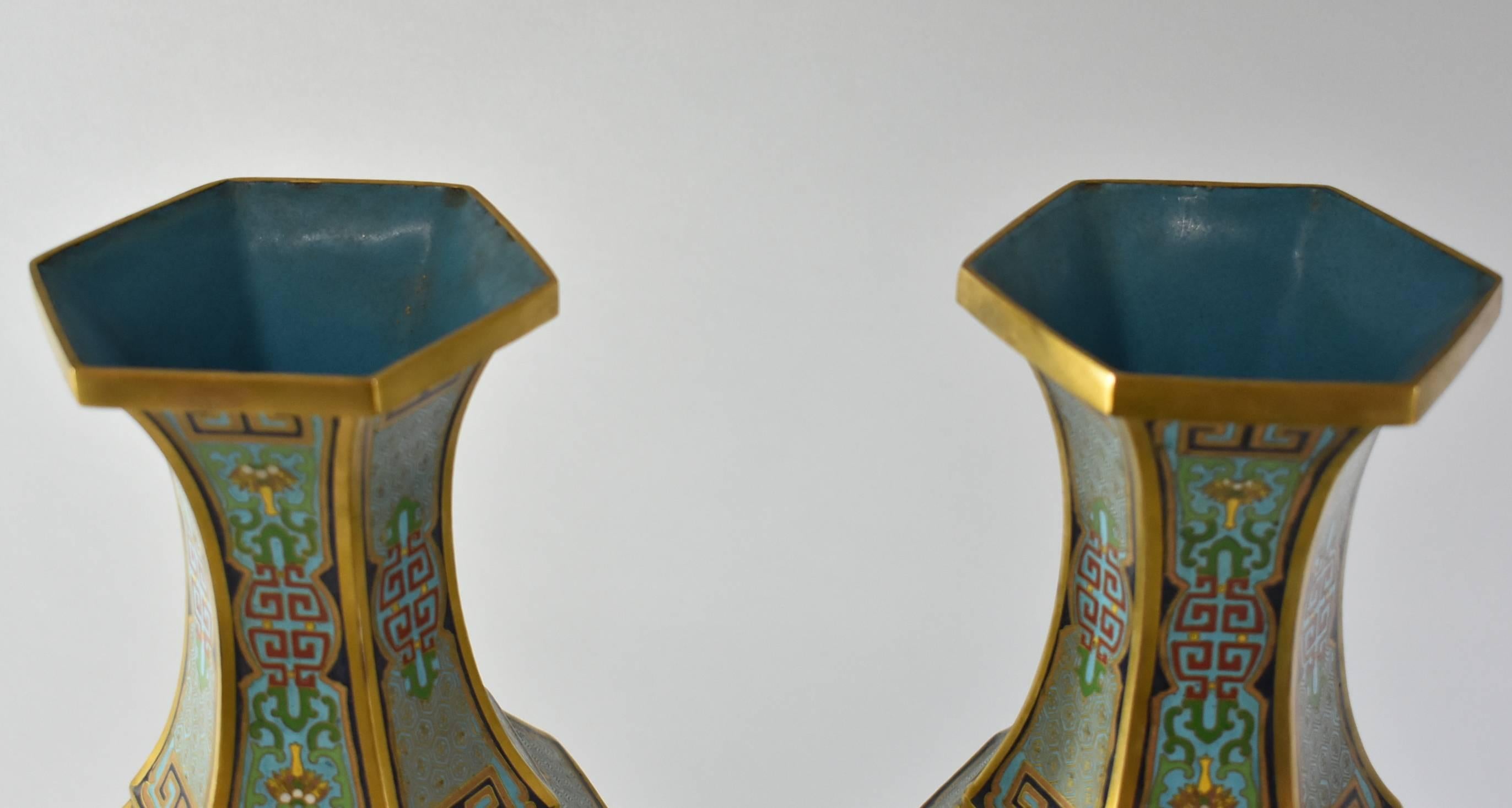 Chinese Pair of Antique Cloisonné Gold, Turquoise Hexagon Vases
