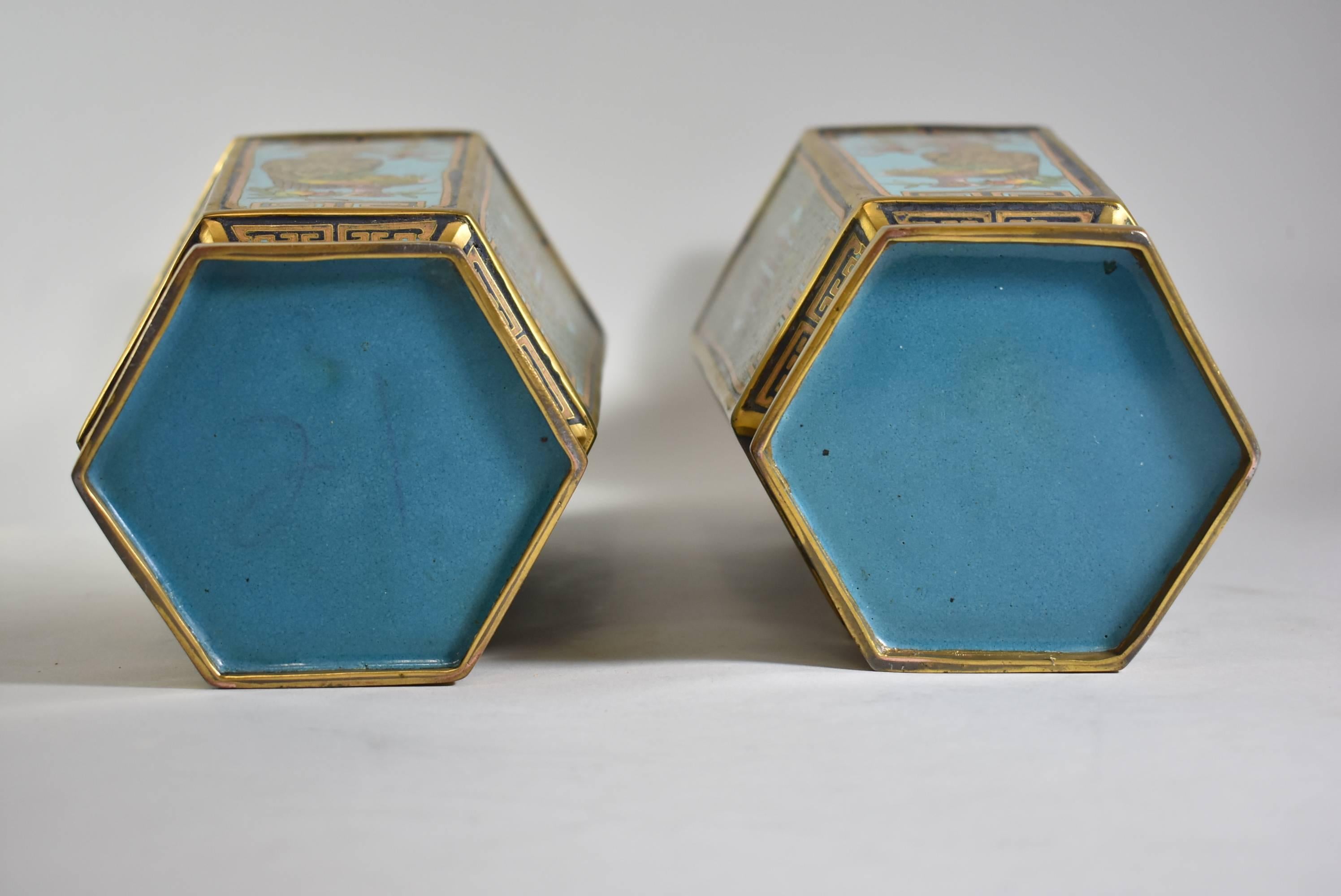 Pair of Antique Cloisonné Gold, Turquoise Hexagon Vases 1