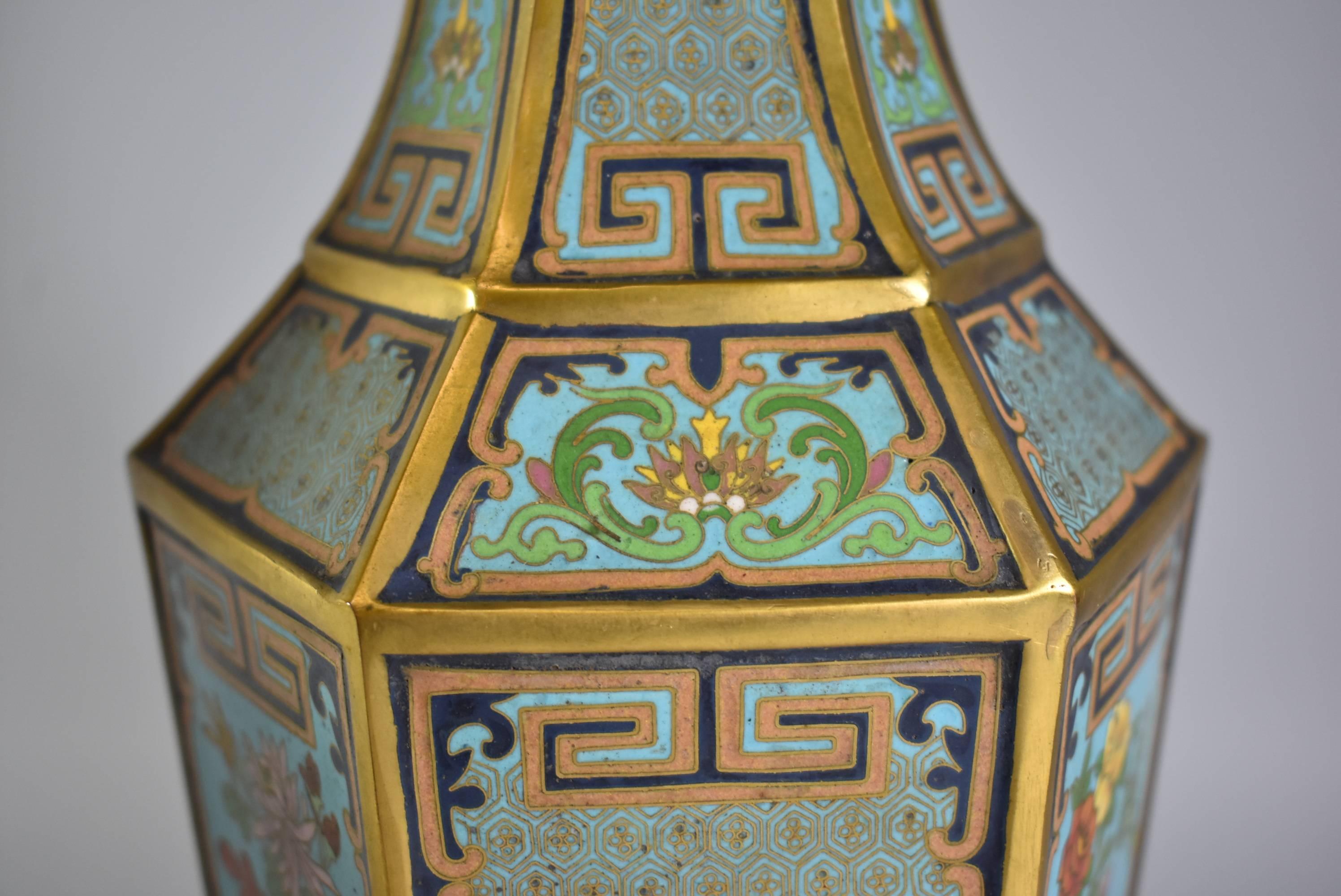Pair of Antique Cloisonné Gold, Turquoise Hexagon Vases 2