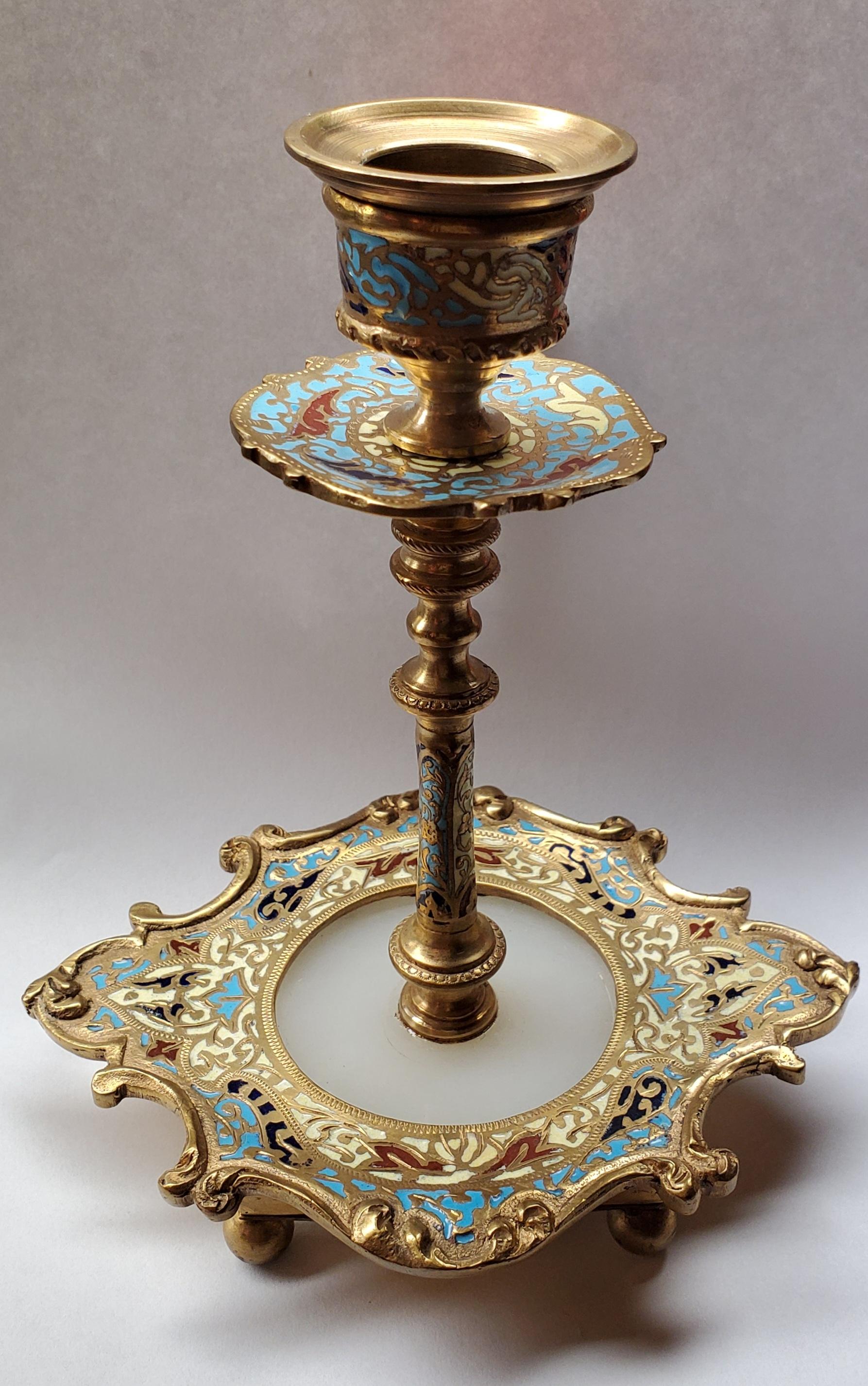 Pair of antique cloisonné, marble and onyx candlesticks.