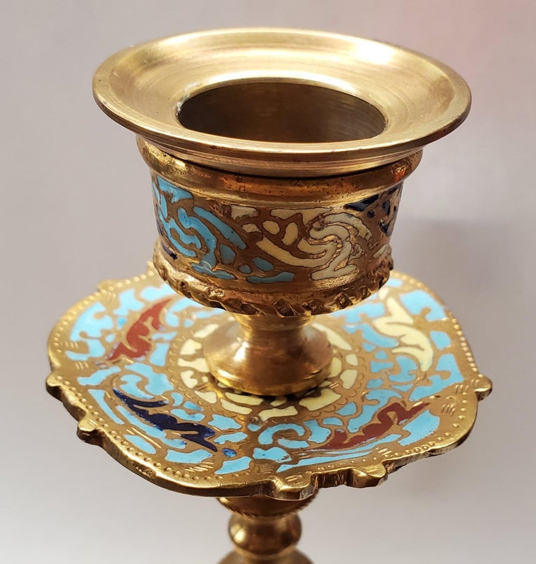 Pair of Antique Cloisonné, Marble and Onyx Candlesticks at 1stDibs