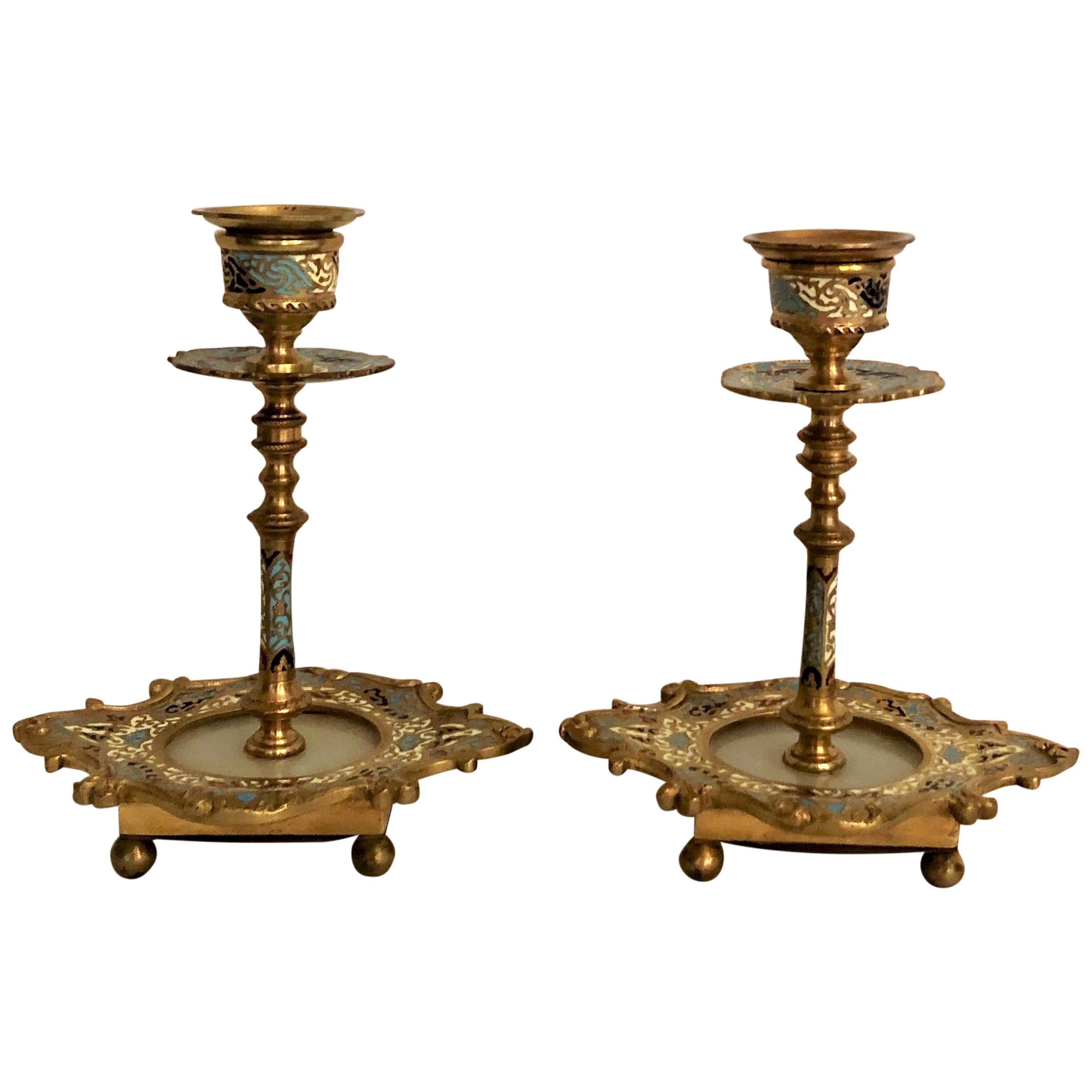 Pair of Antique Cloisonné, Marble and Onyx Candlesticks
