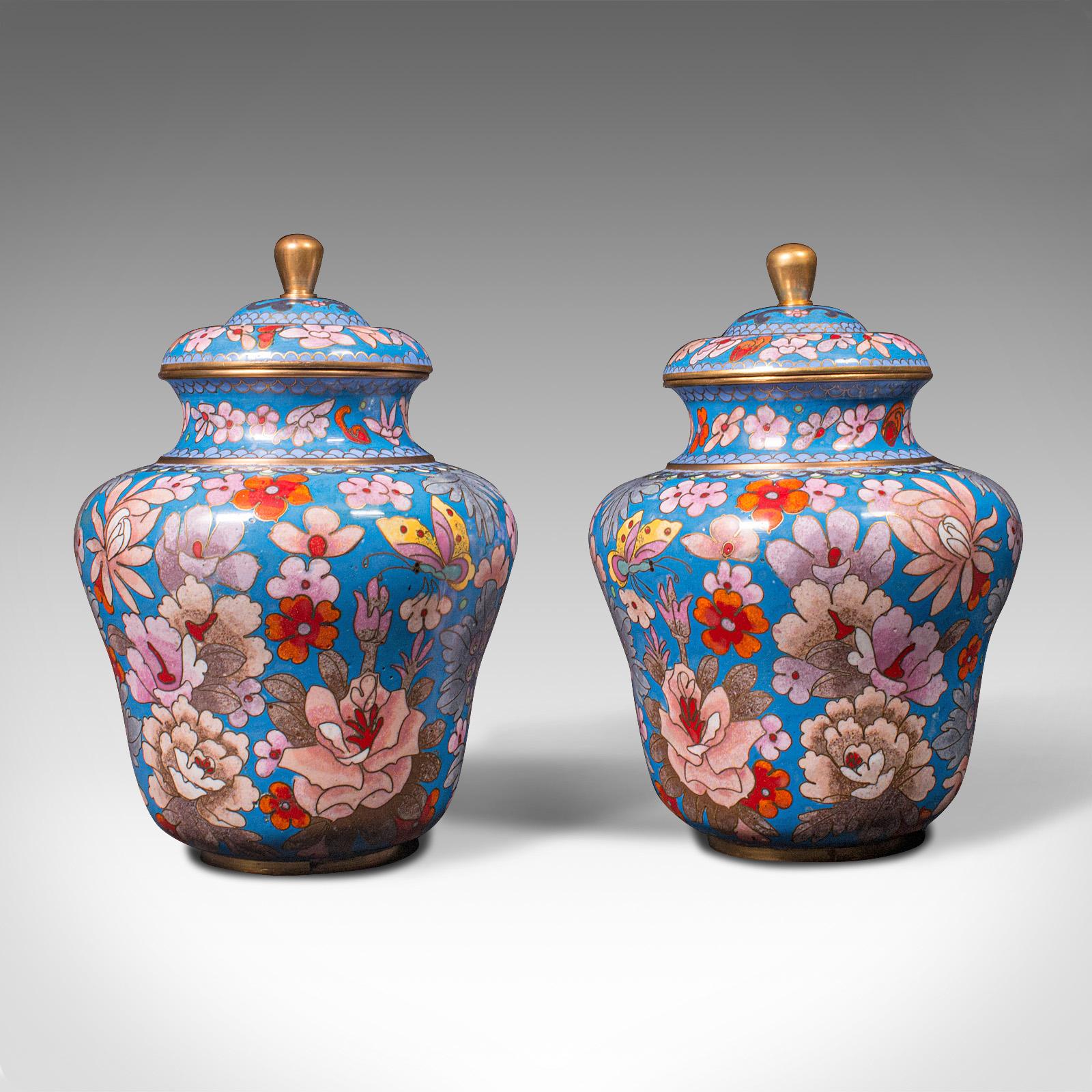 This is a pair of antique cloisonne spice jars. An English, ceramic decorative lidded ginger jar, dating to the late Victorian period, circa 1900.

Pleasingly decorative example of English cloisonne
Displays a desirable aged patina and in good