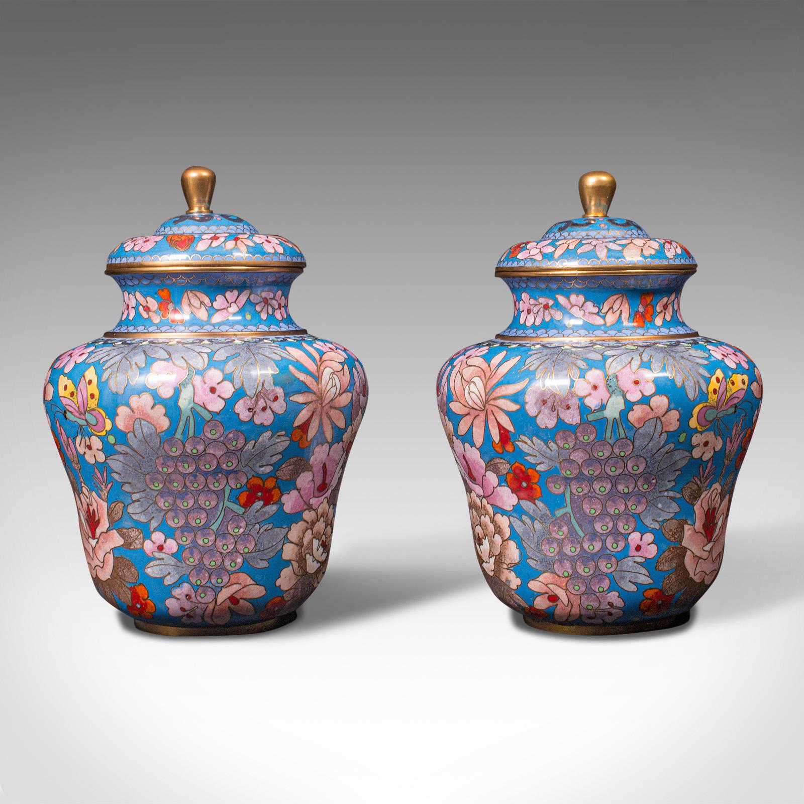 British Pair of Antique Cloisonne Spice Jars, English Ceramic, Decorative Pot, Victorian For Sale