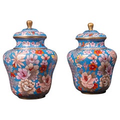 Paar antike Cloisonné-Spitzengefäße, englische Keramik, dekorativer Topf, viktorianisch