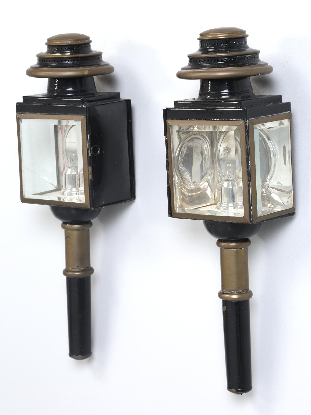 Elegant pair of European Coach Lights (sconces), that we purchased in England from our favourite antique dealer in Leek. Our Old Plank electrical department, wired the antique coach lights and essentially converted the coach lights into wall