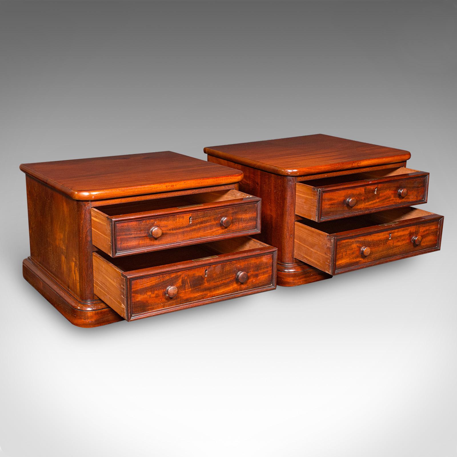 This is a fine pair of antique collector's chests. An English, mahogany and cedar two-drawer specimen cases, dating to the Victorian period, circa 1870. A superb find for the discerning collector or enthusiast of natural history and