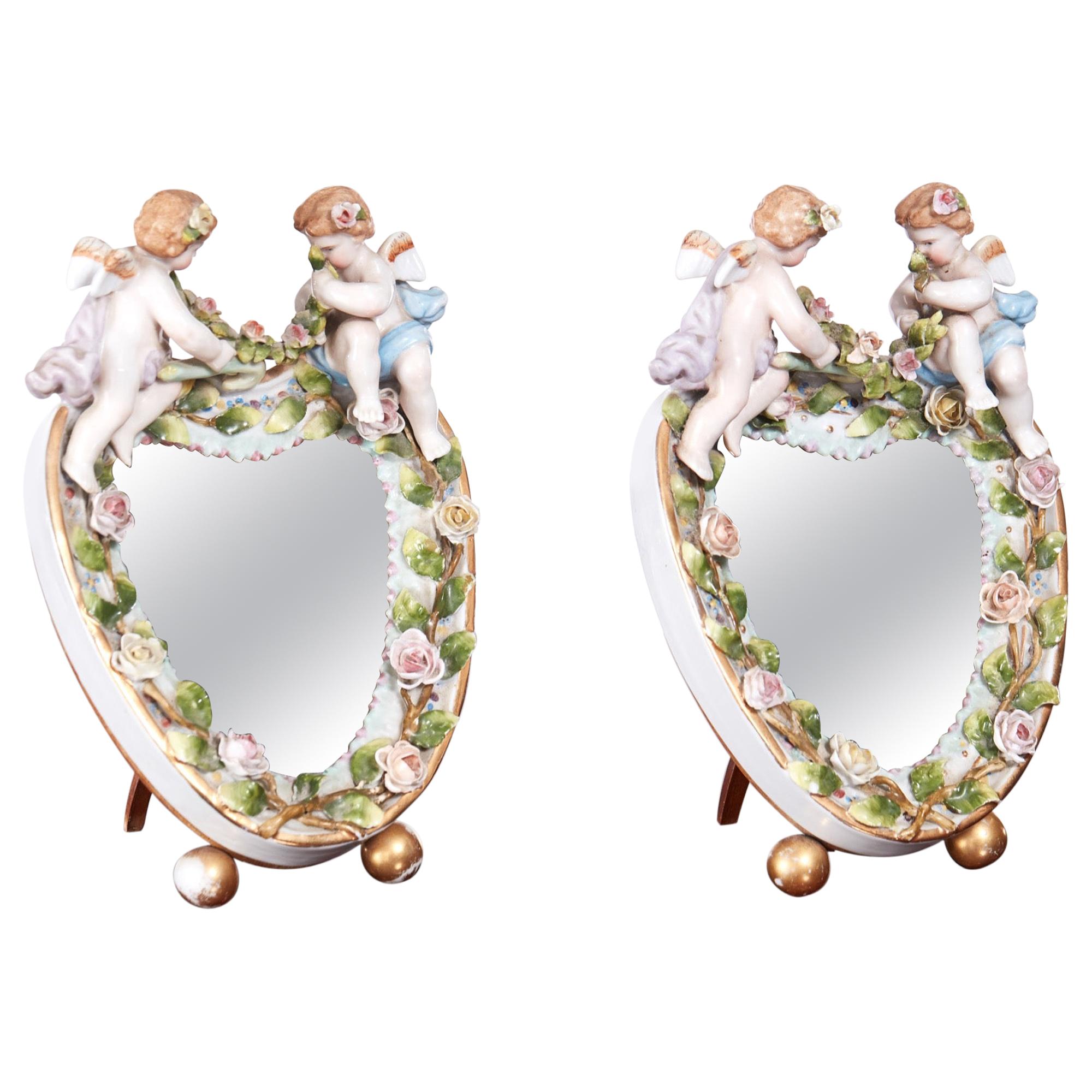 Pair of Antique Continental Porcelain Heart Shaped Mirrors