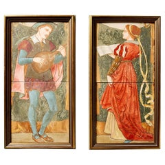 Paire de carreaux anciens encadrés de Copeland représentant des scènes classiques