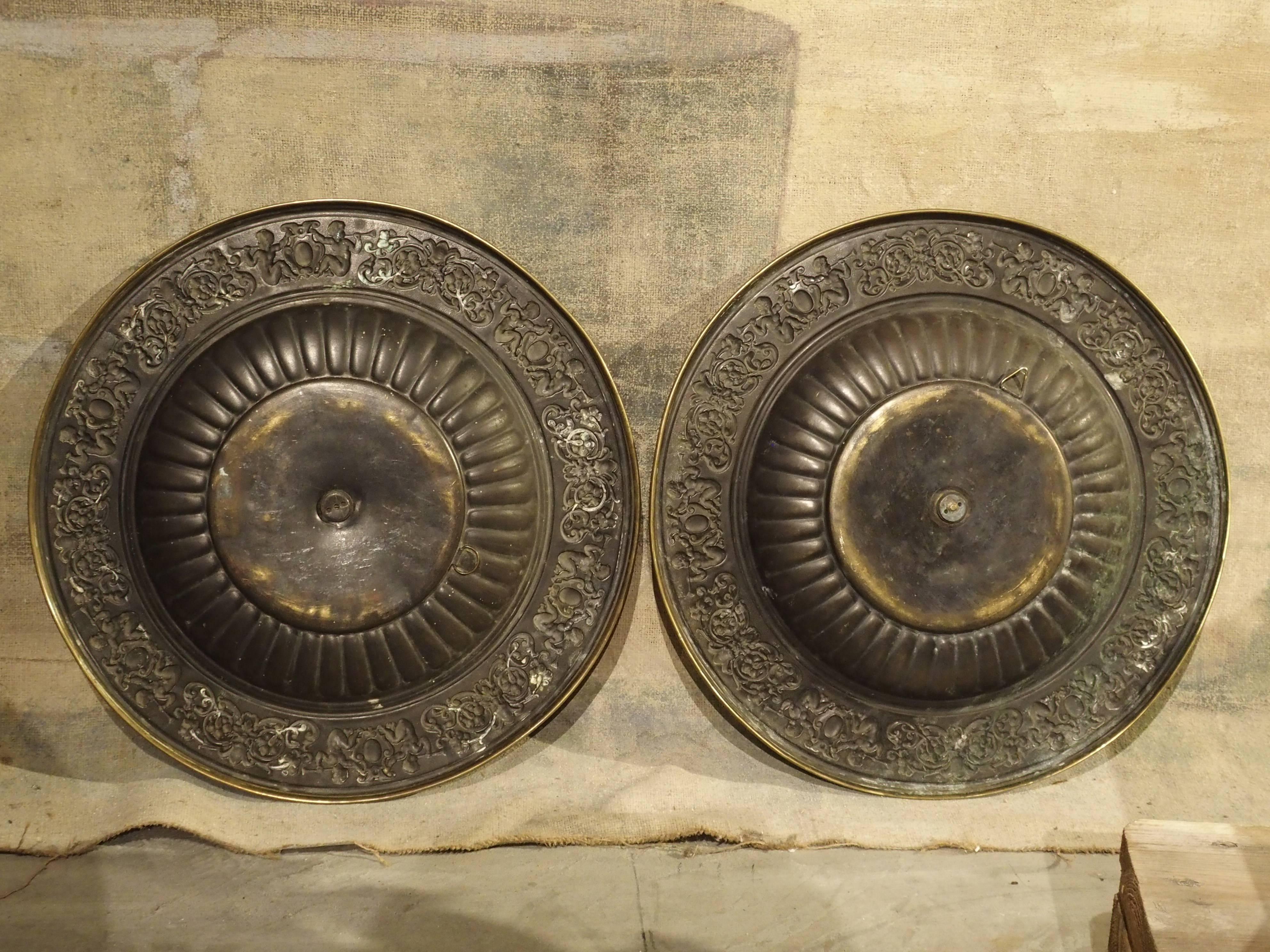 Pair of Antique Copper and Brass Repousse Platters from Spain, circa 1900 4