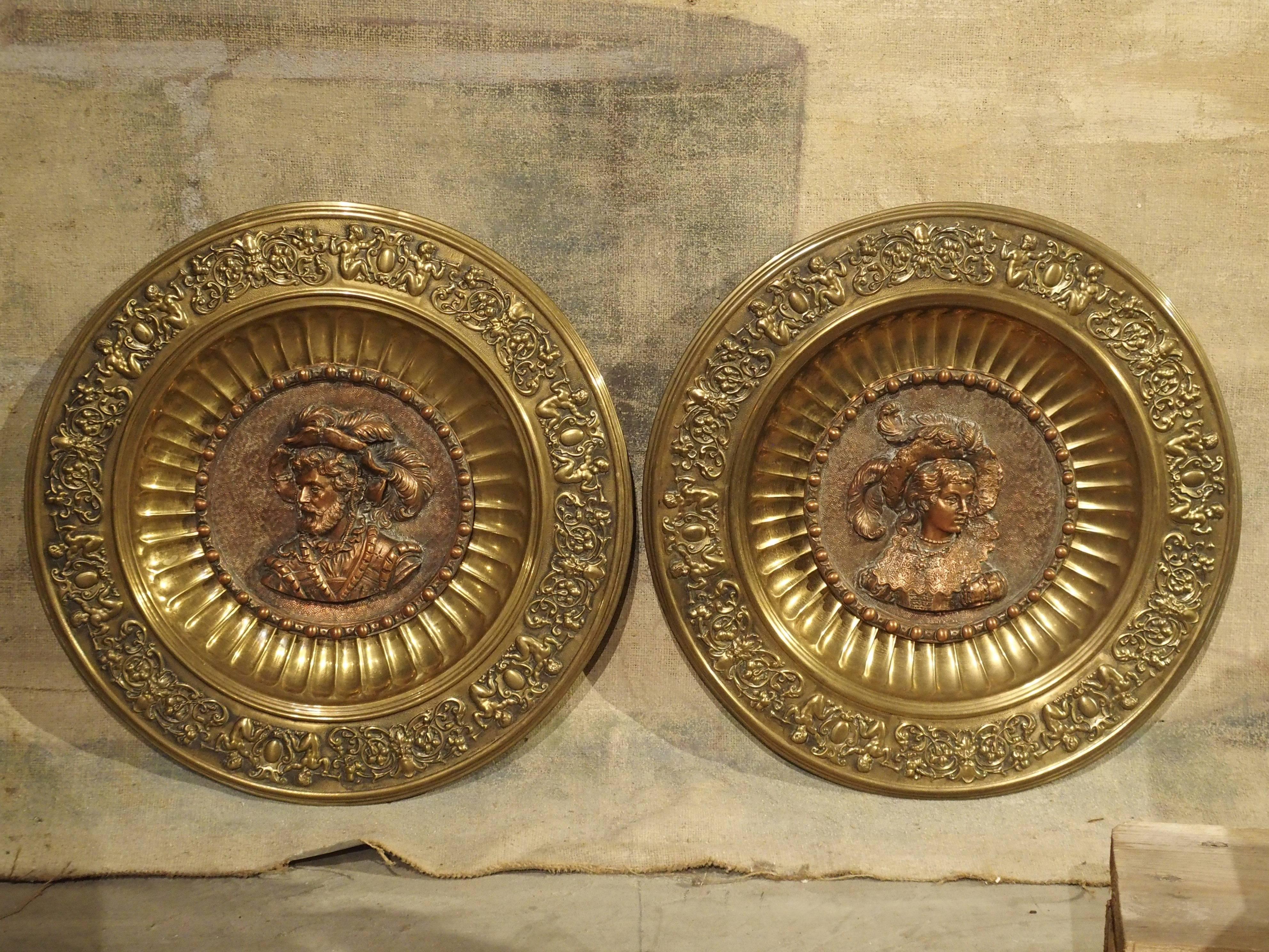 Pair of Antique Copper and Brass Repousse Platters from Spain, circa 1900 6