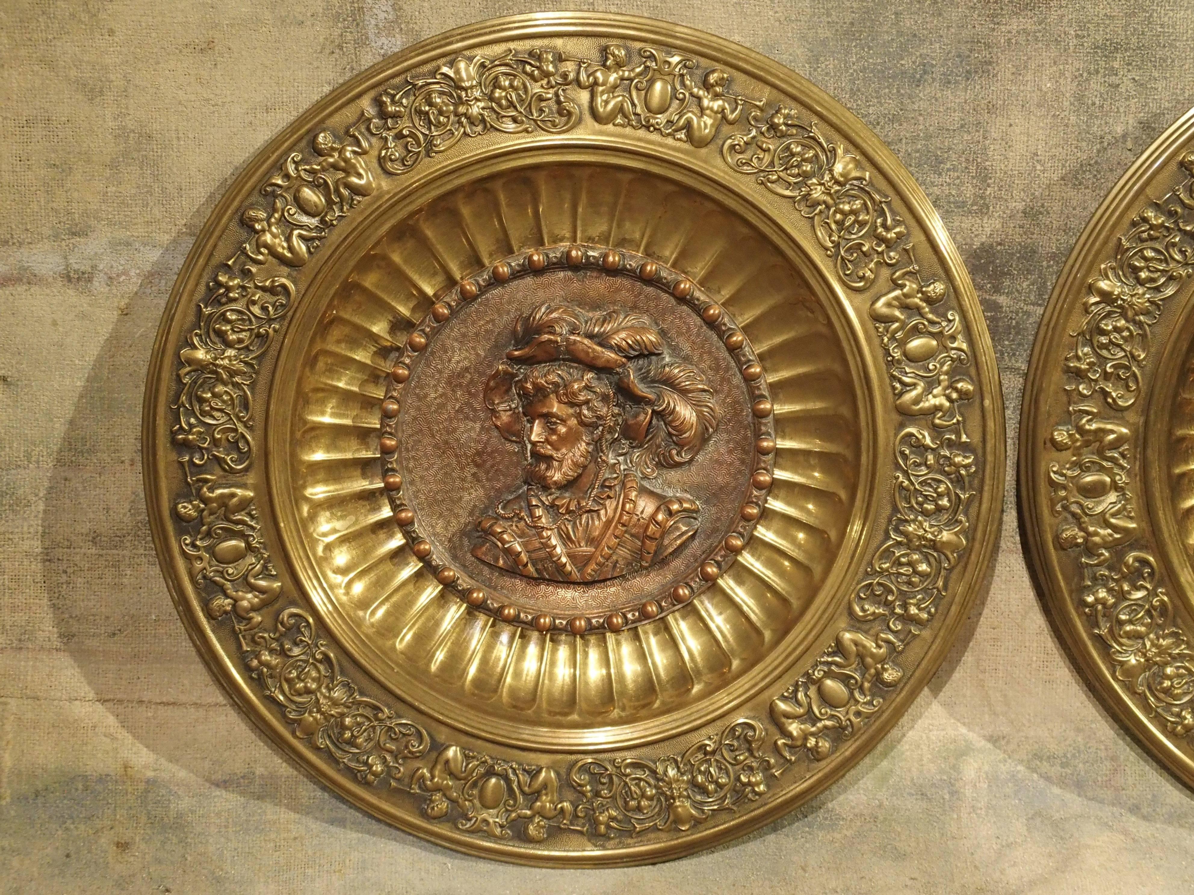 Pair of Antique Copper and Brass Repousse Platters from Spain, circa 1900 7