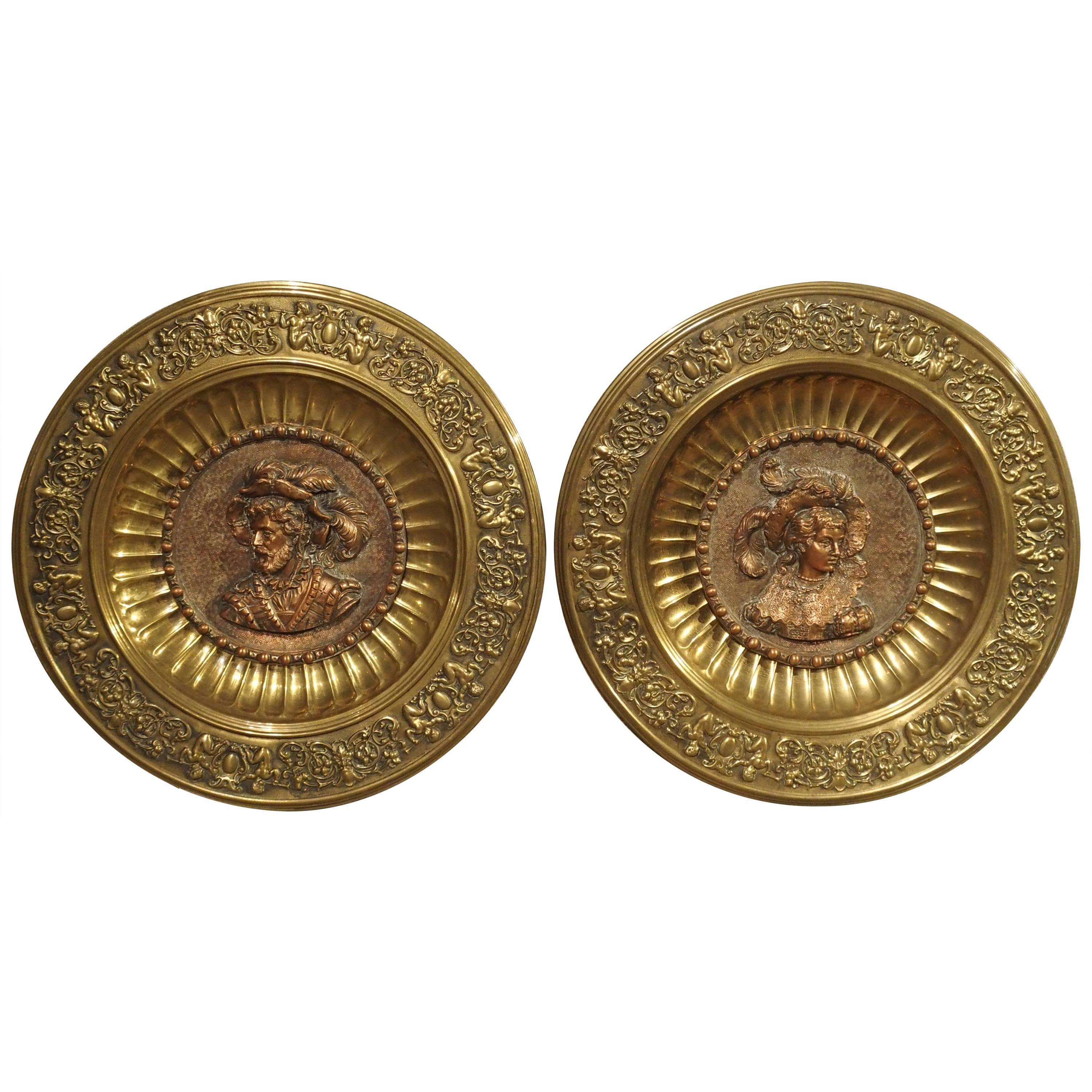 Pair of Antique Copper and Brass Repousse Platters from Spain, circa 1900