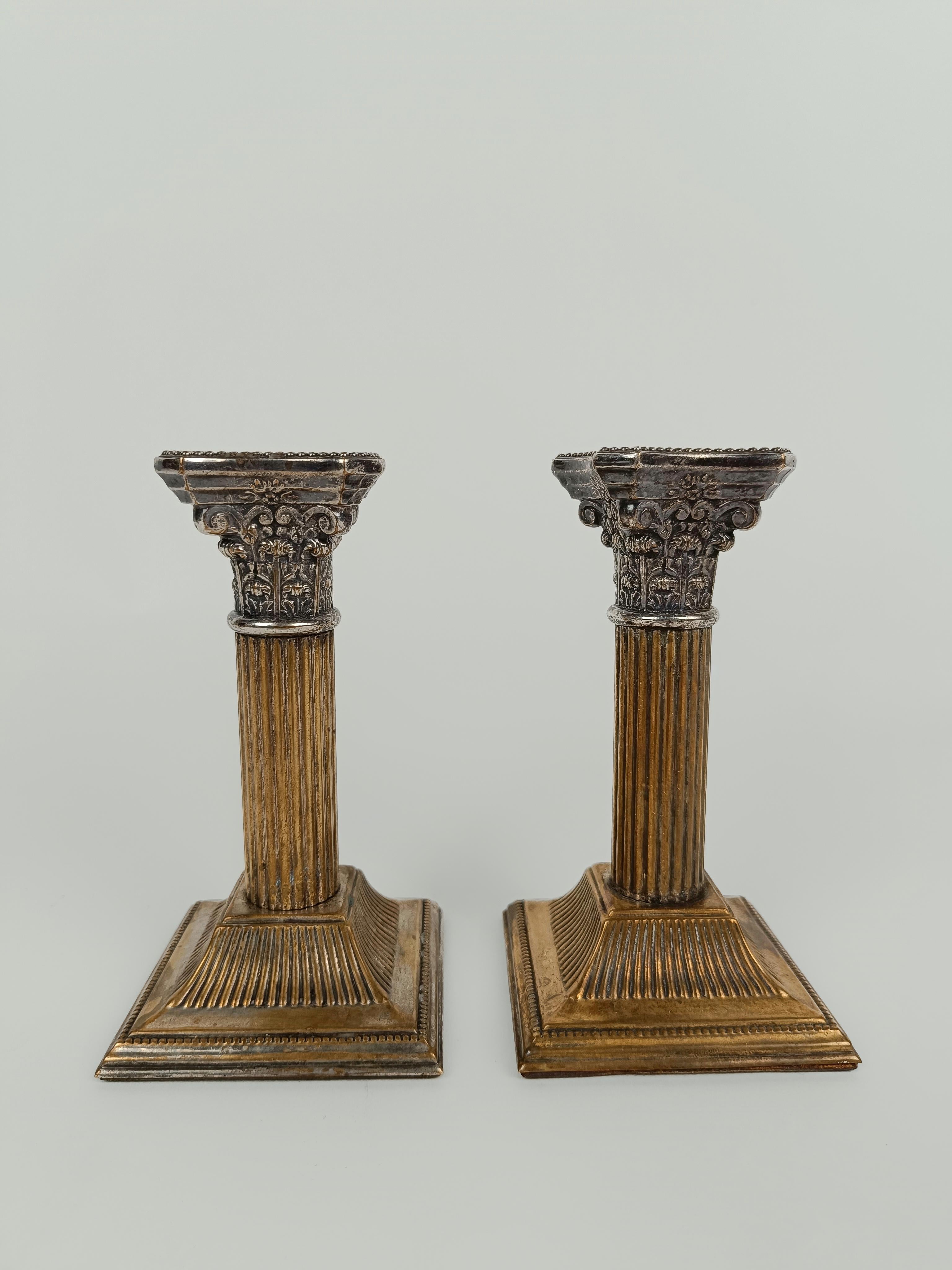 Pair of Antique Corinthian Columns Candlesticks Made in Silver Plated For Sale 4