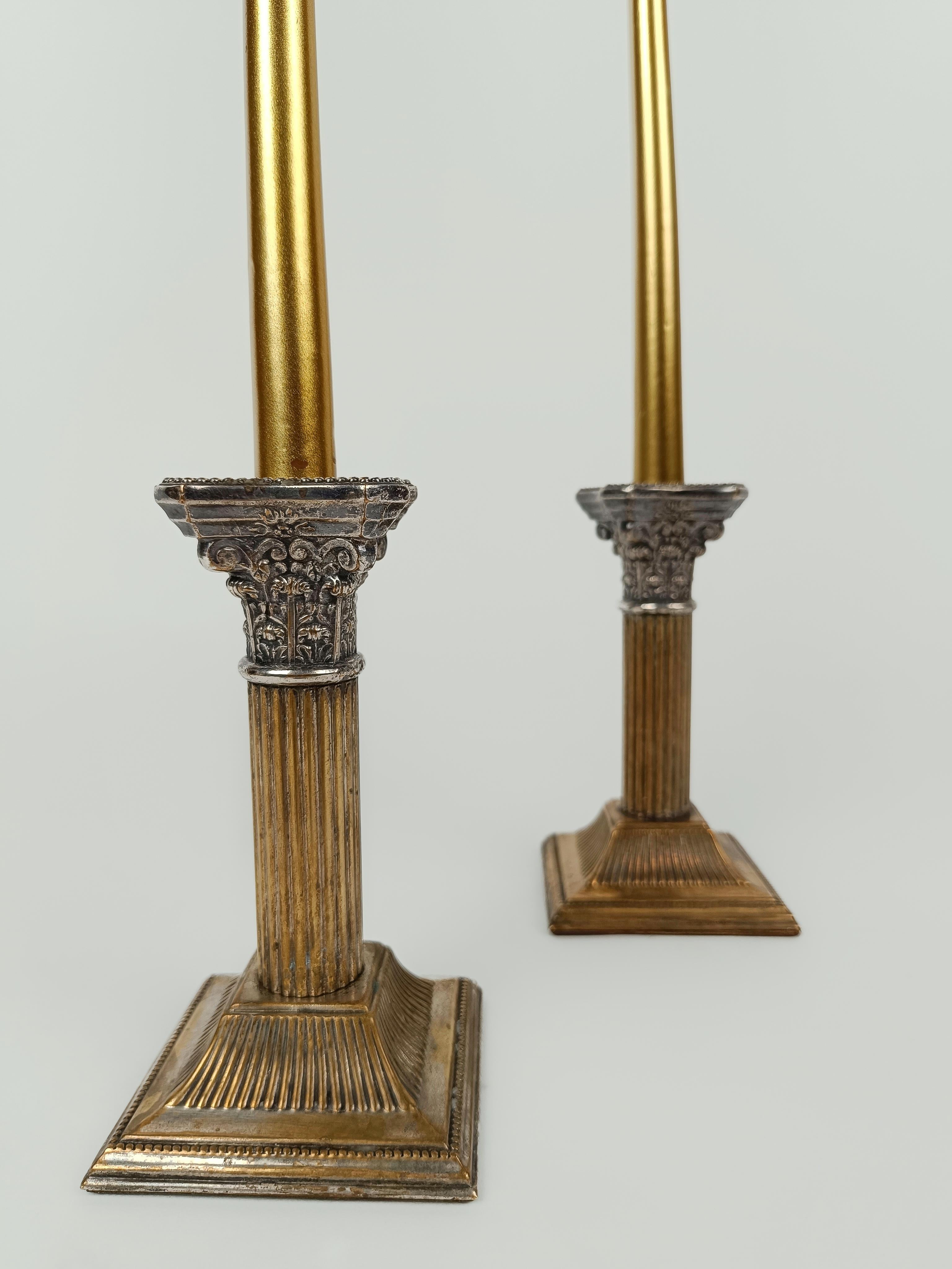 Pair of Antique Corinthian Columns Candlesticks Made in Silver Plated For Sale 8